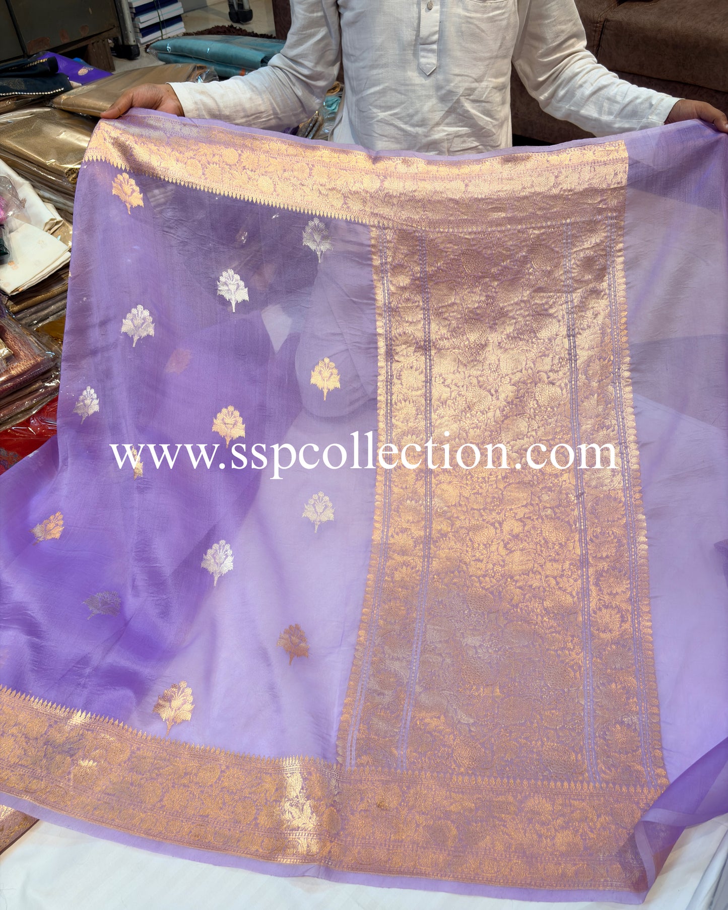 Bluish-Purple Pure Kora Silk Banarasi Saree