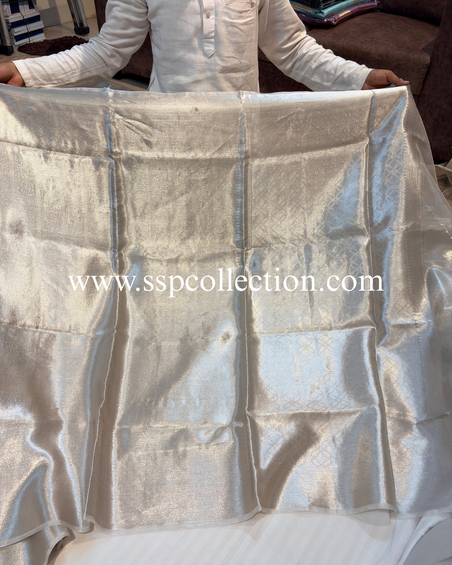 Silver Pure Molten Tissue Silk Brocade Banarasi Saree