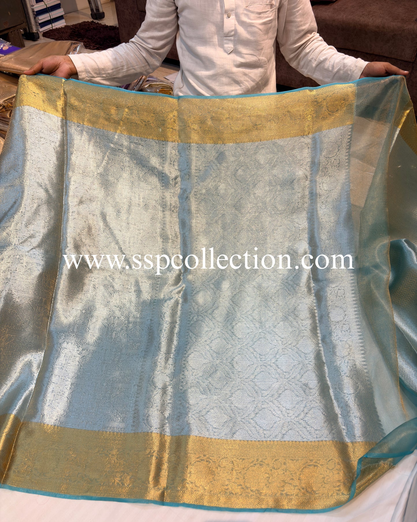 Turquoise Pure Molten Tissue Silk Brocade Banarasi Saree