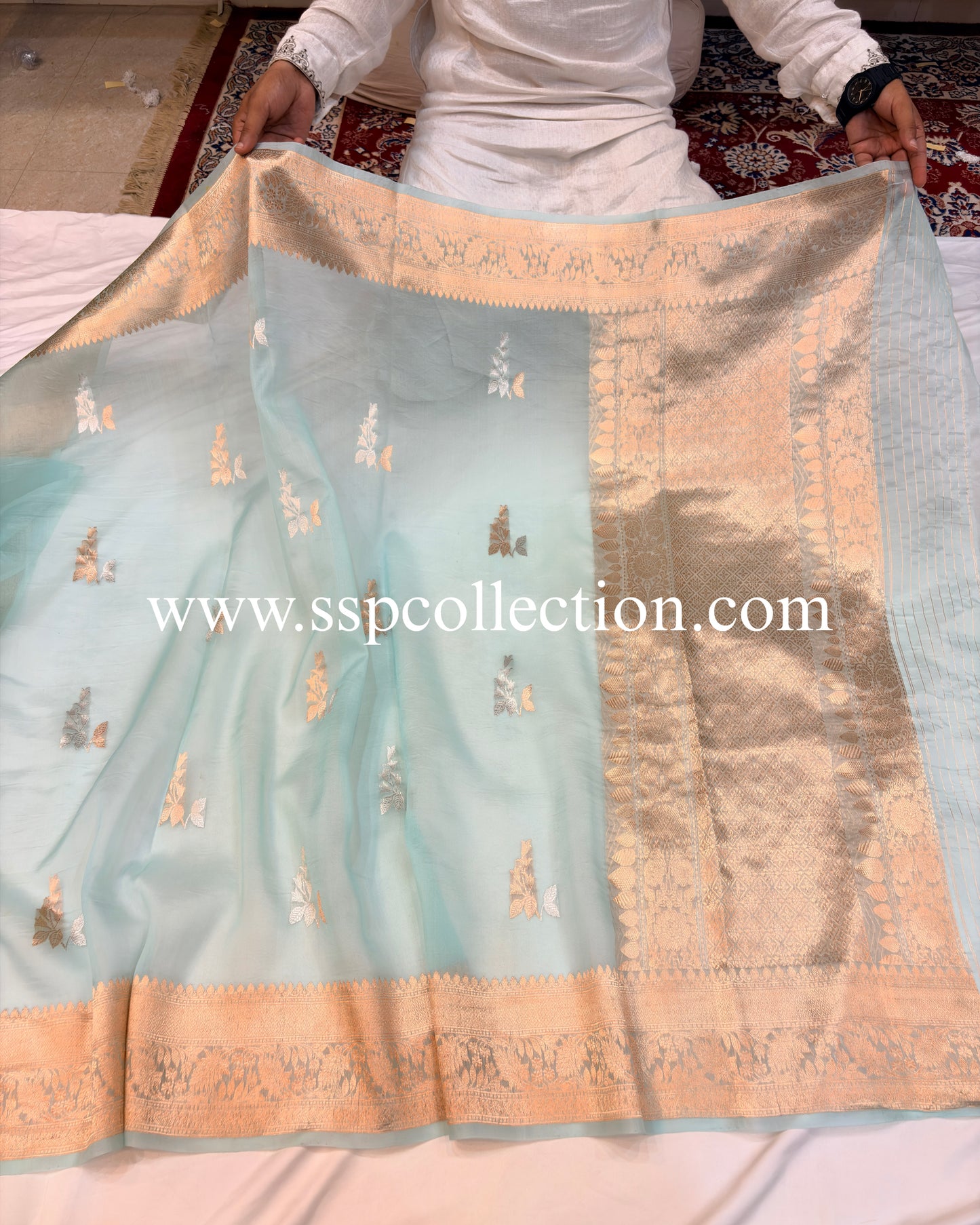 Powder-Blue Pure Kora Silk Banarasi Saree