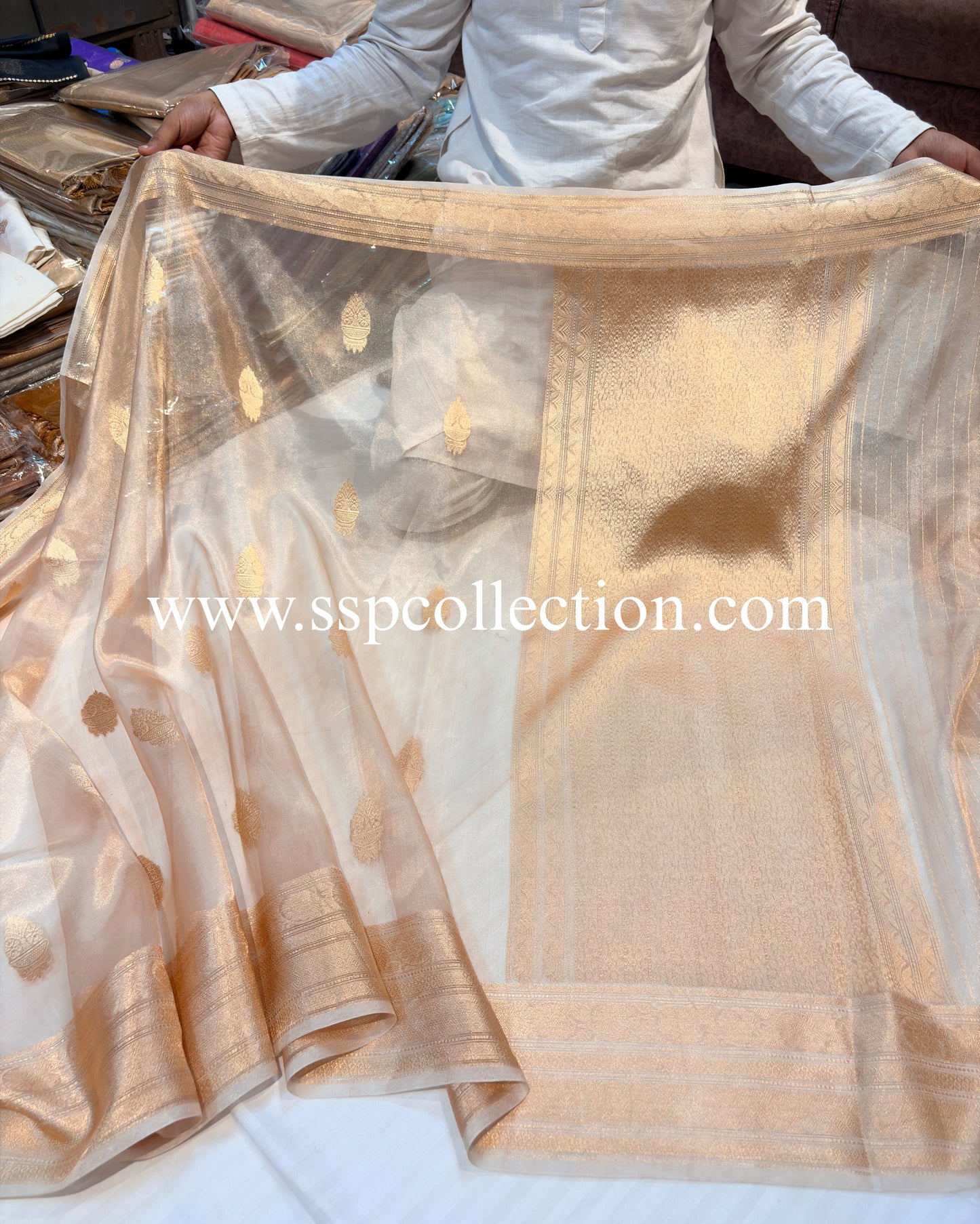 Champagne-Gold Pure Tissue Silk Banarasi Saree