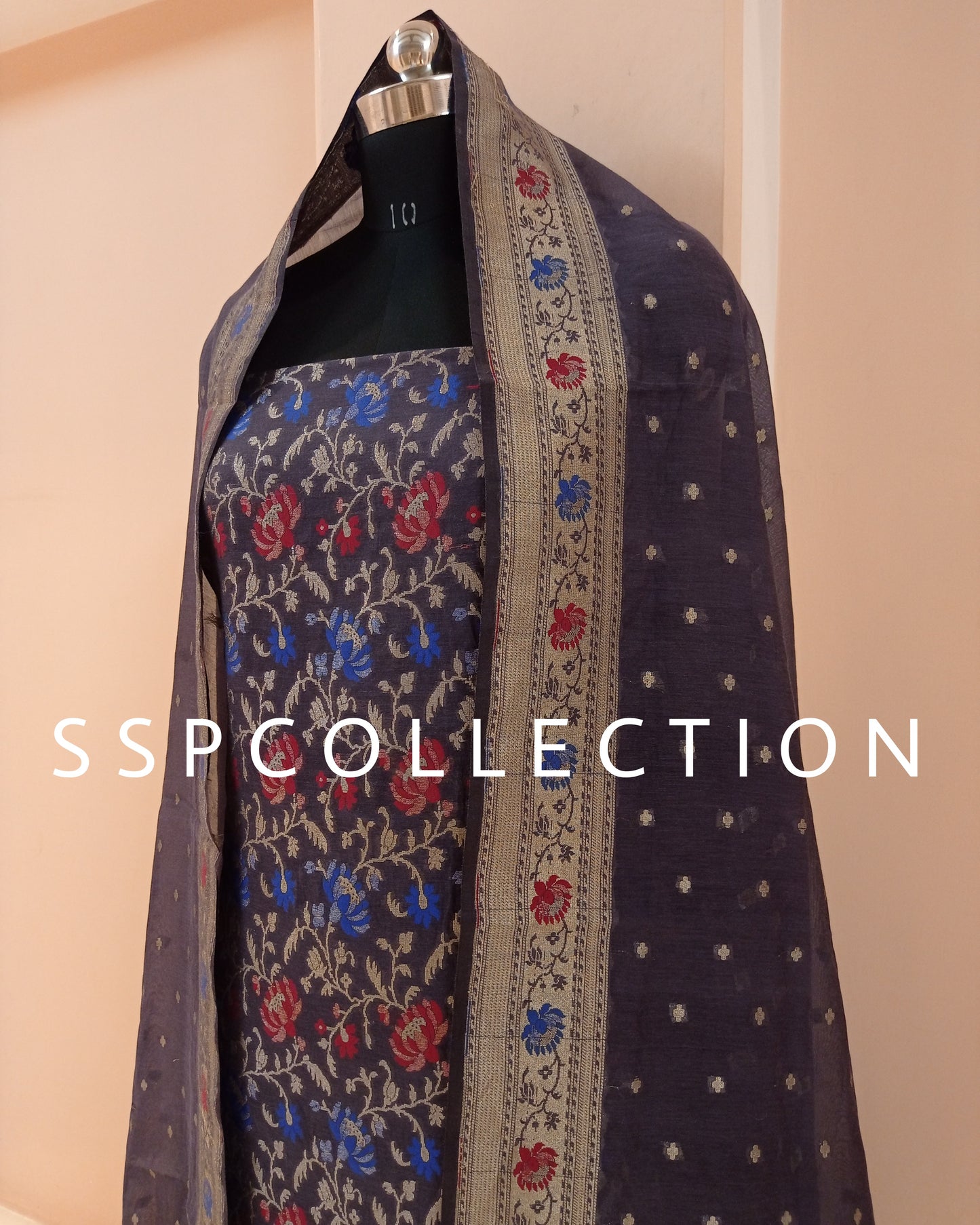 Space-Blue Banarasi Premiuim Cotton Jamdani Pattern Suit