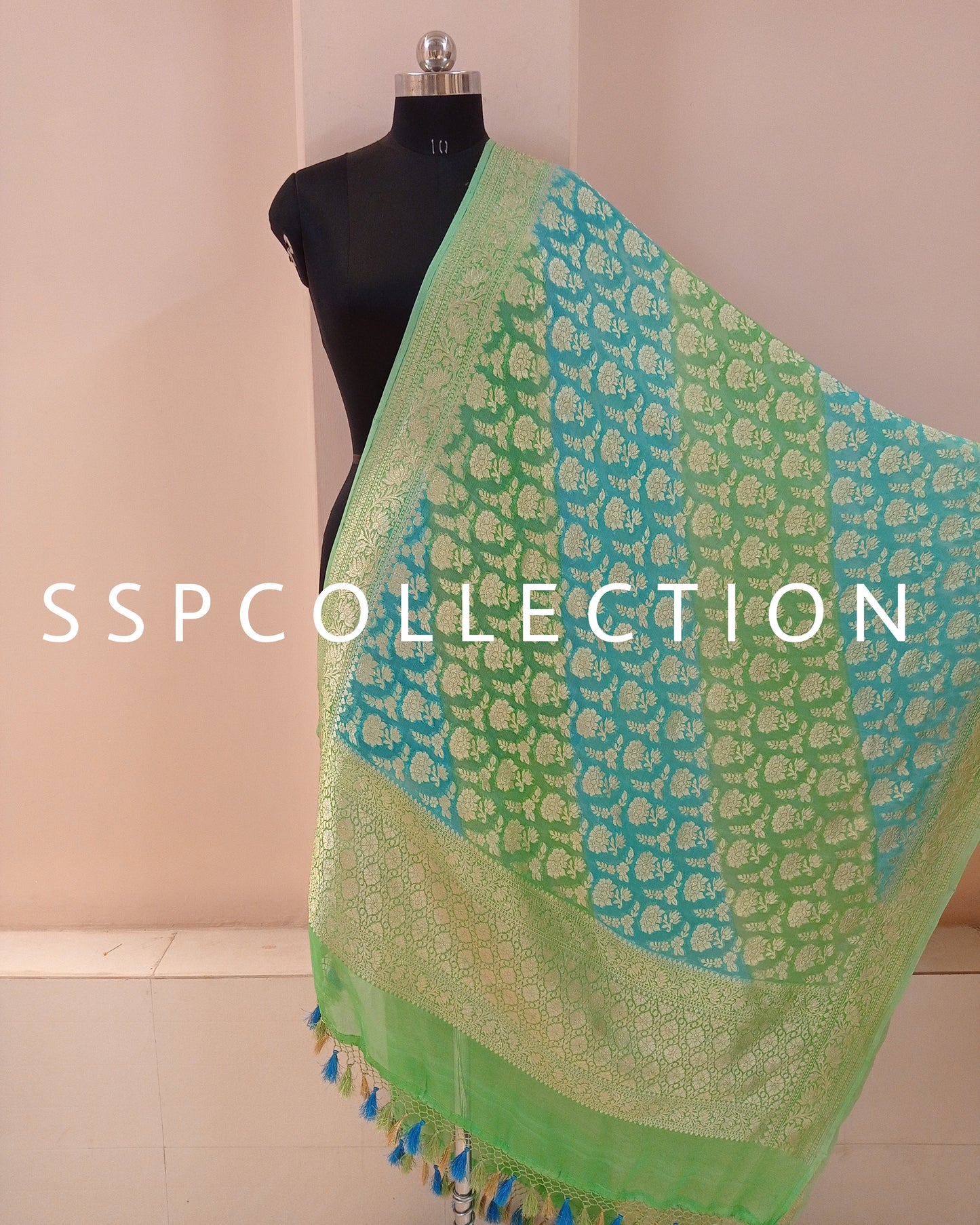 Green & Blue Banarasi Pure Georette Rangkaat Dupatta