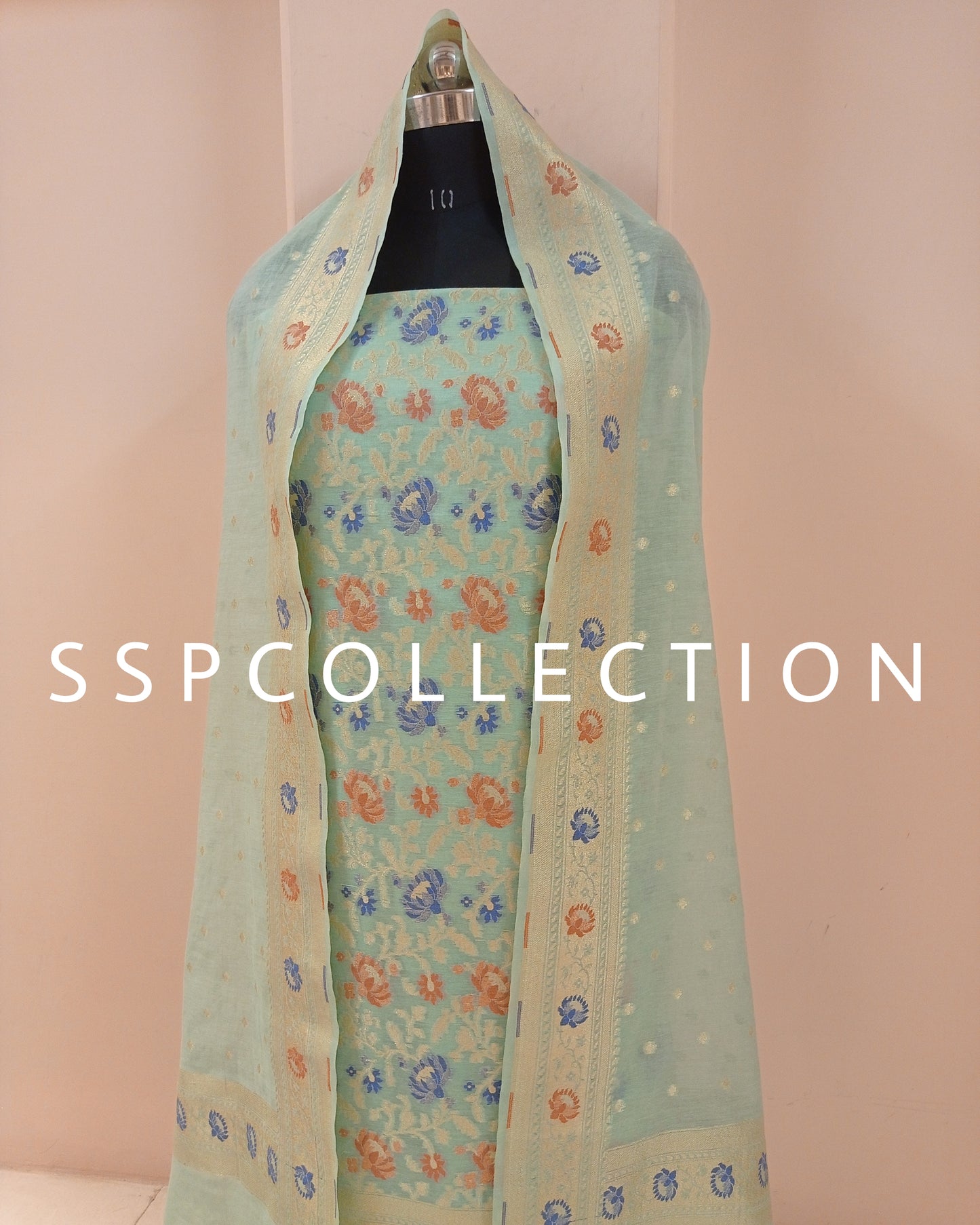 Light-Green Banarasi Premiuim Cotton Jamdani Pattern Suit