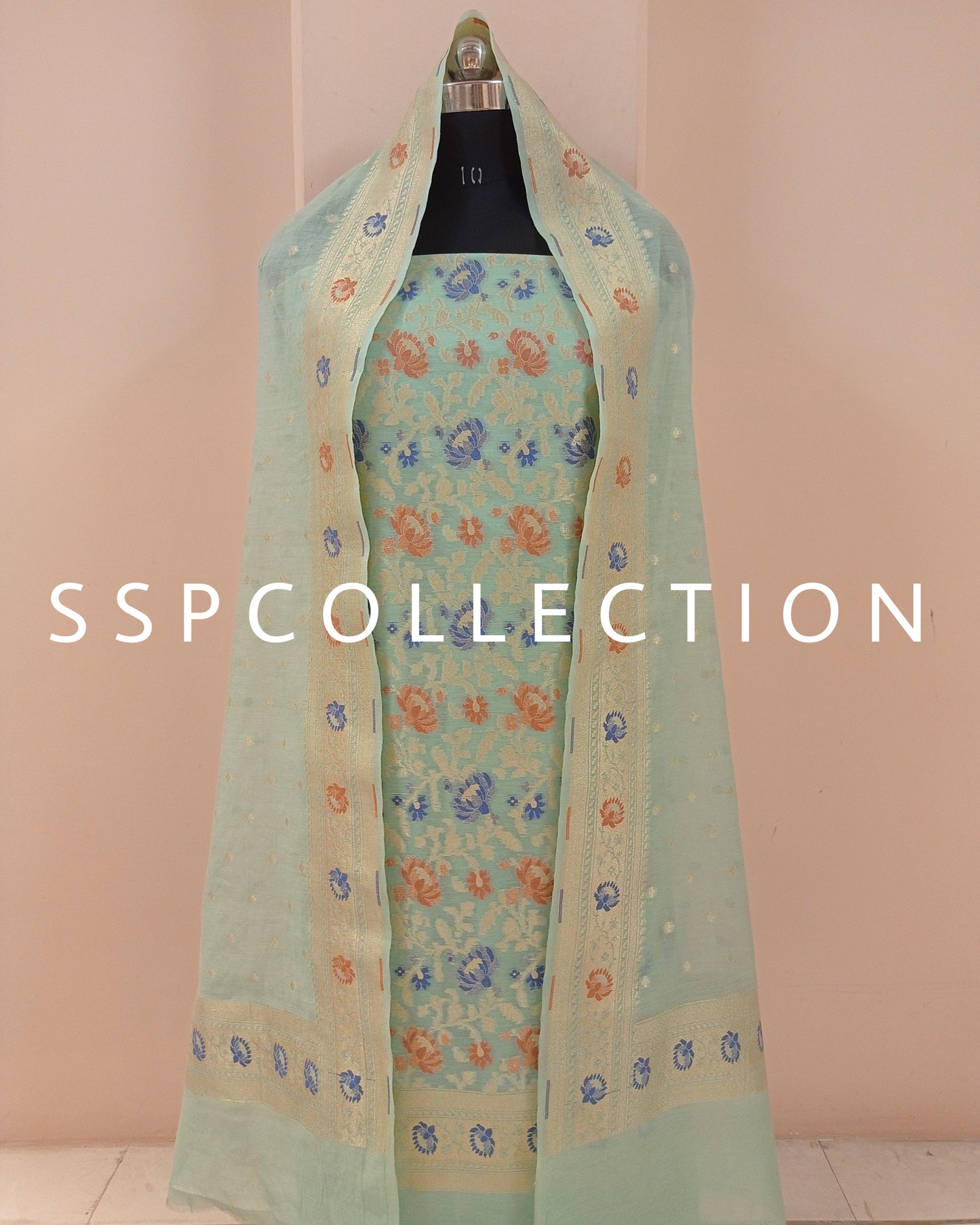 Light-Green Banarasi Premiuim Cotton Jamdani Pattern Suit