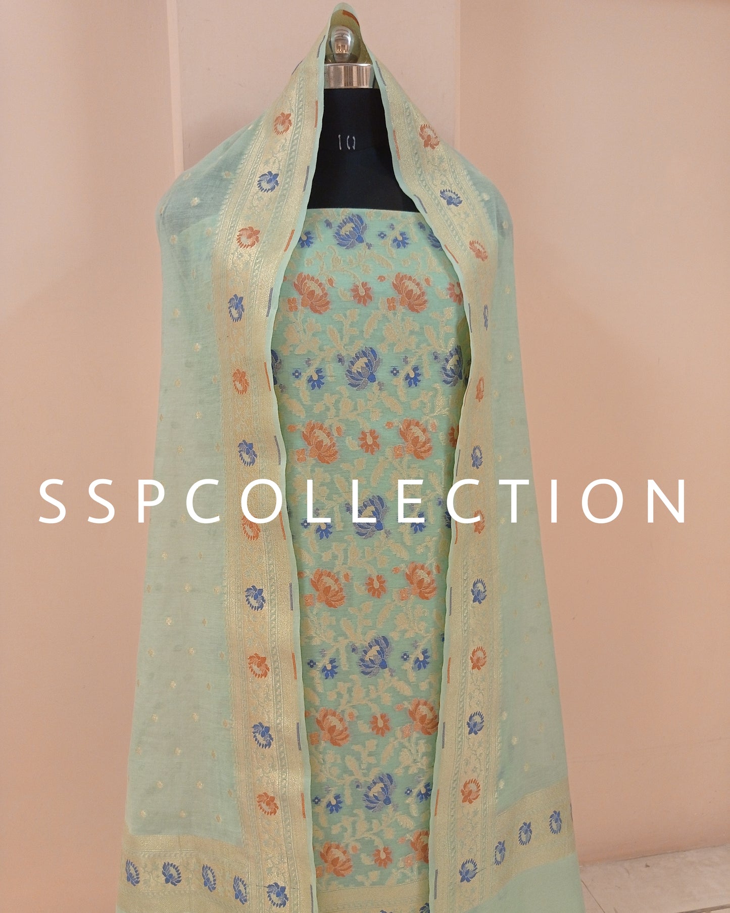 Light-Green Banarasi Premiuim Cotton Jamdani Pattern Suit