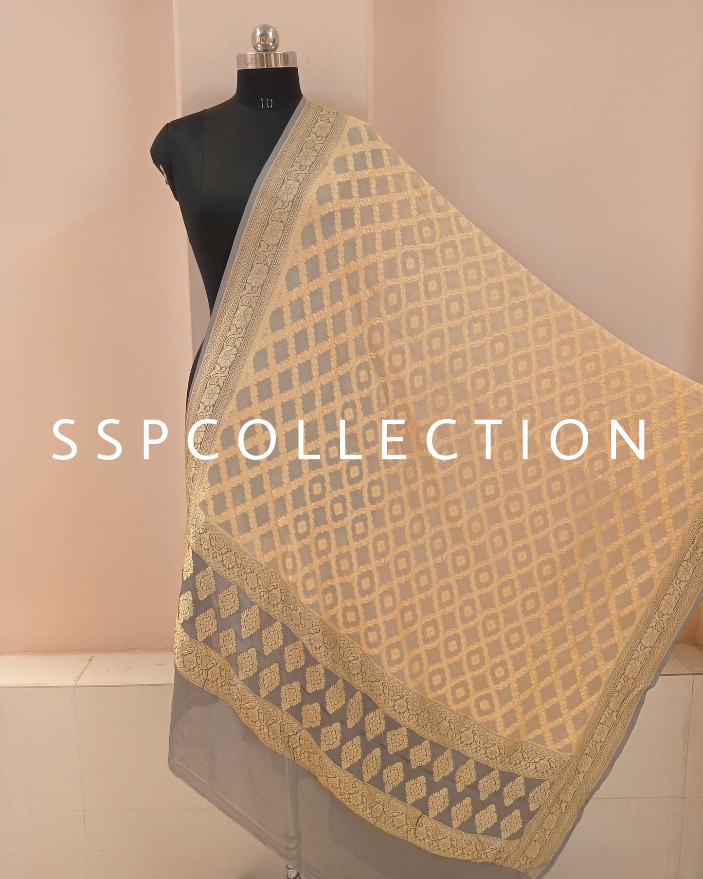 Grey-Peach Banarasi Pure Georgette Dupatta