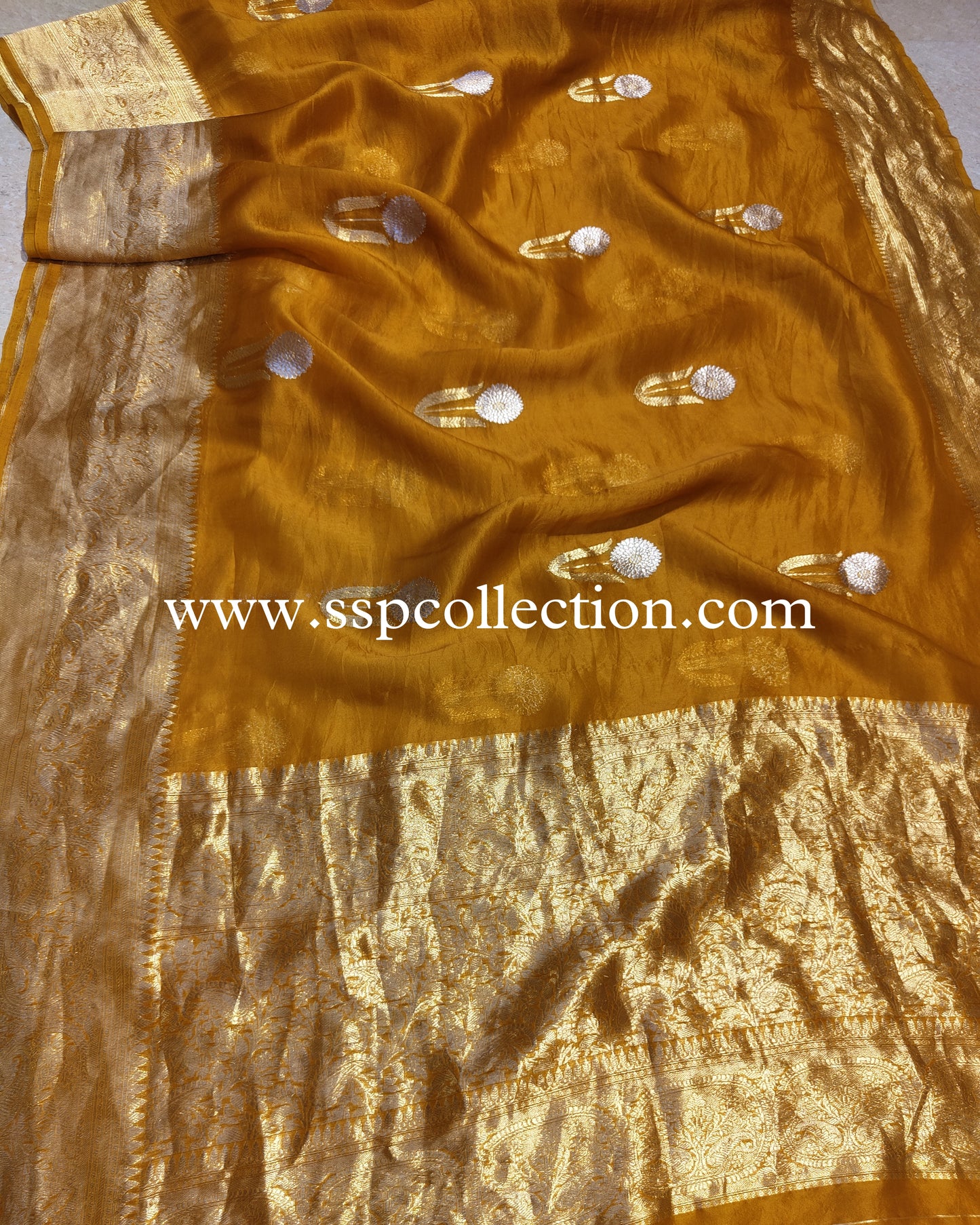 Mustard Orange Banarasi Handloom Pure Kora Silk Saree