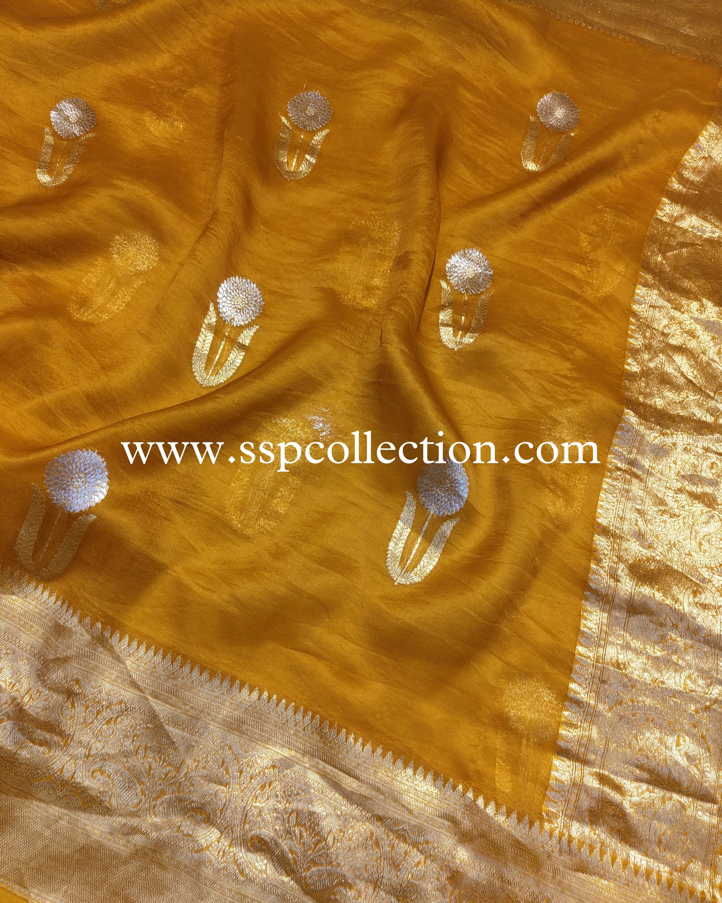 Mustard Orange Banarasi Handloom Pure Kora Silk Saree