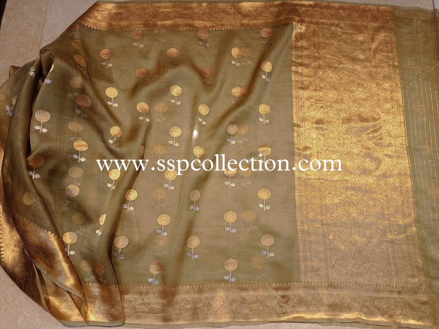 Olive Green Banarasi Handloom Pure Kora Silk Saree