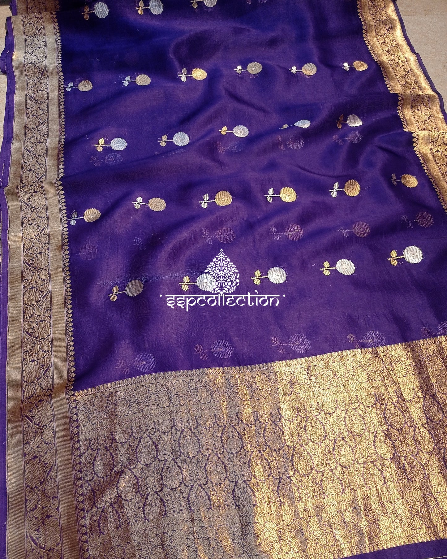 Indigo Purple Banarasi Handloom Pure Kora Silk Saree