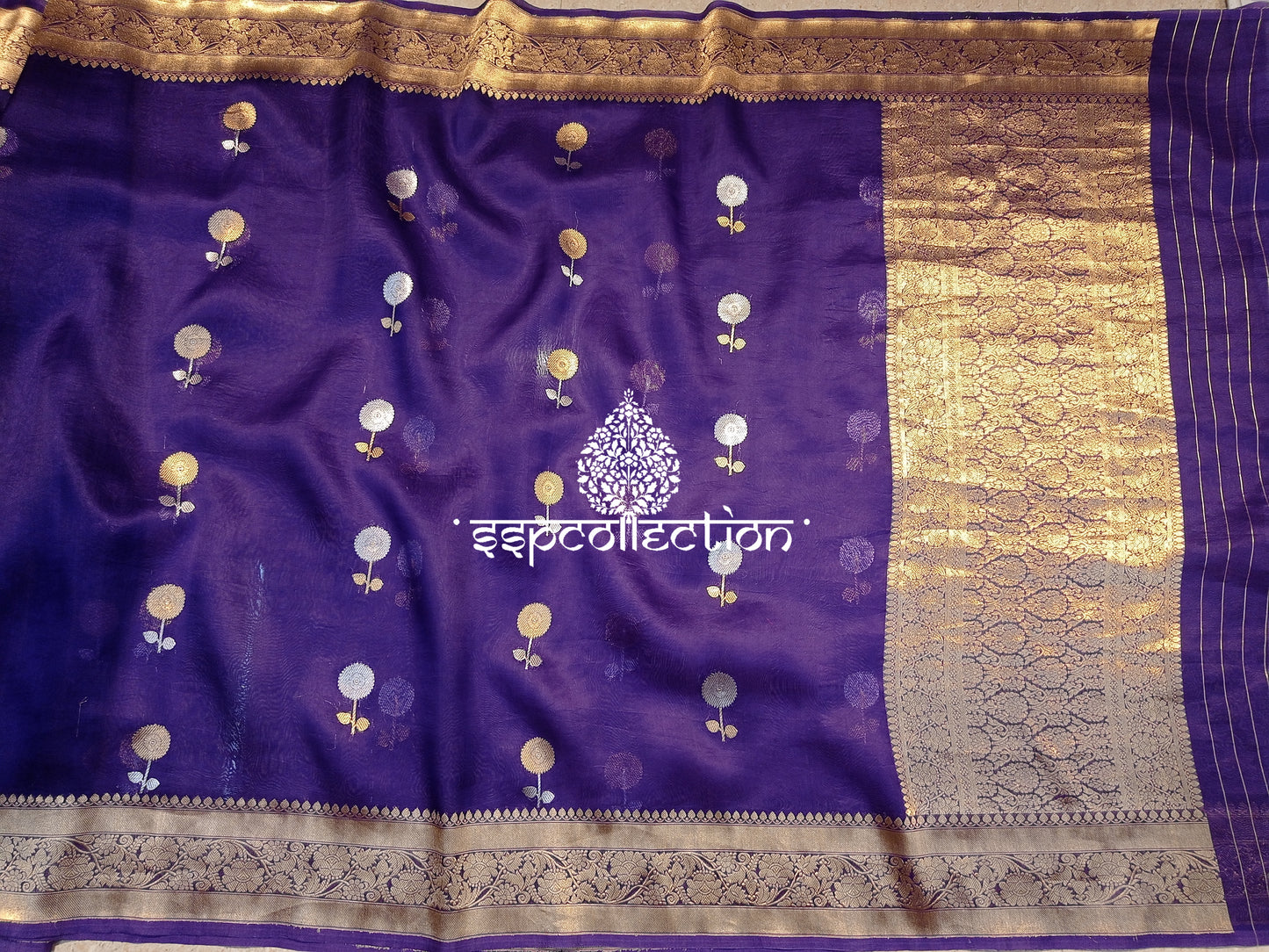 Indigo Purple Banarasi Handloom Pure Kora Silk Saree