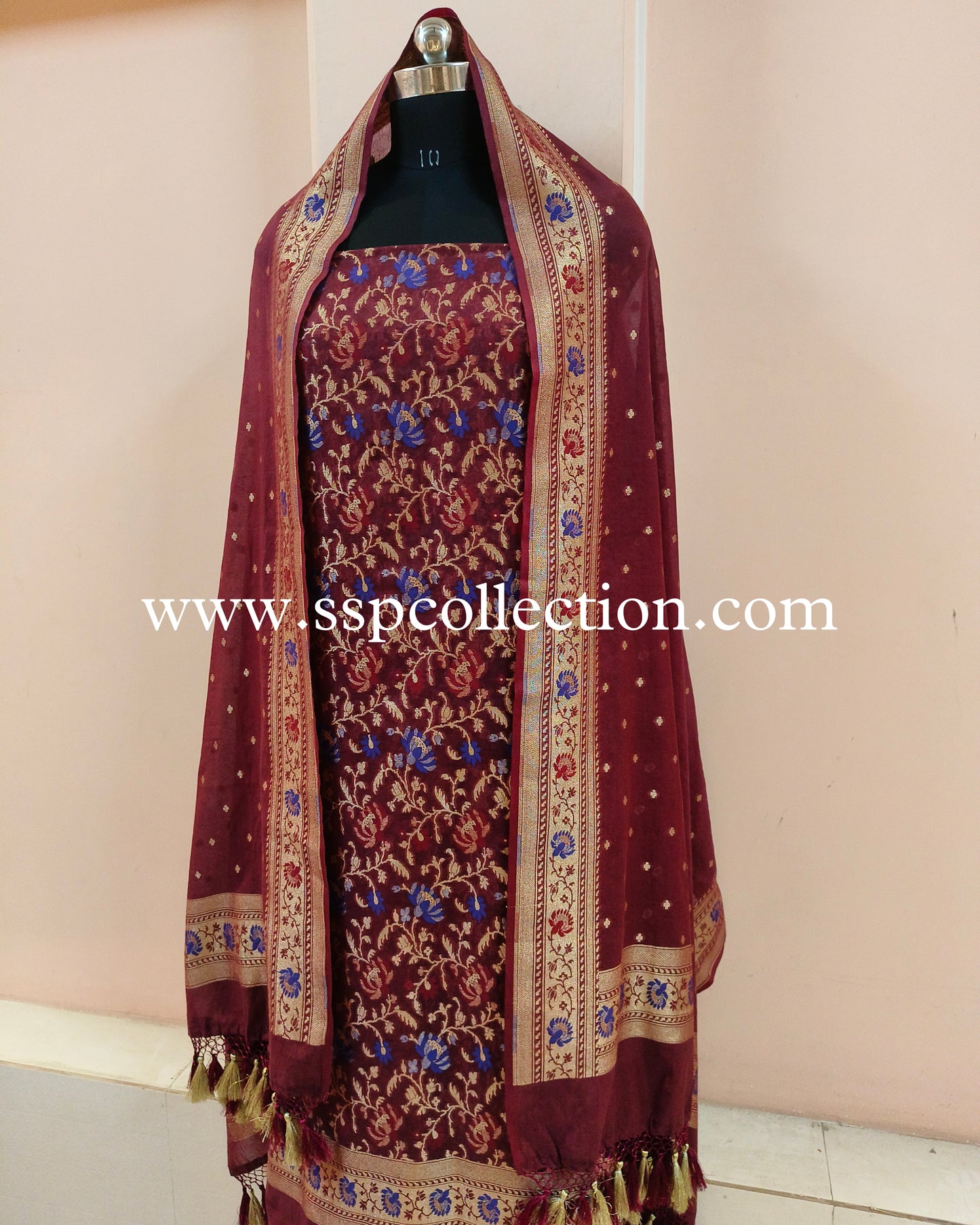 Maroon Banarasi Premiuim Cotton Jamdani Pattern Suit