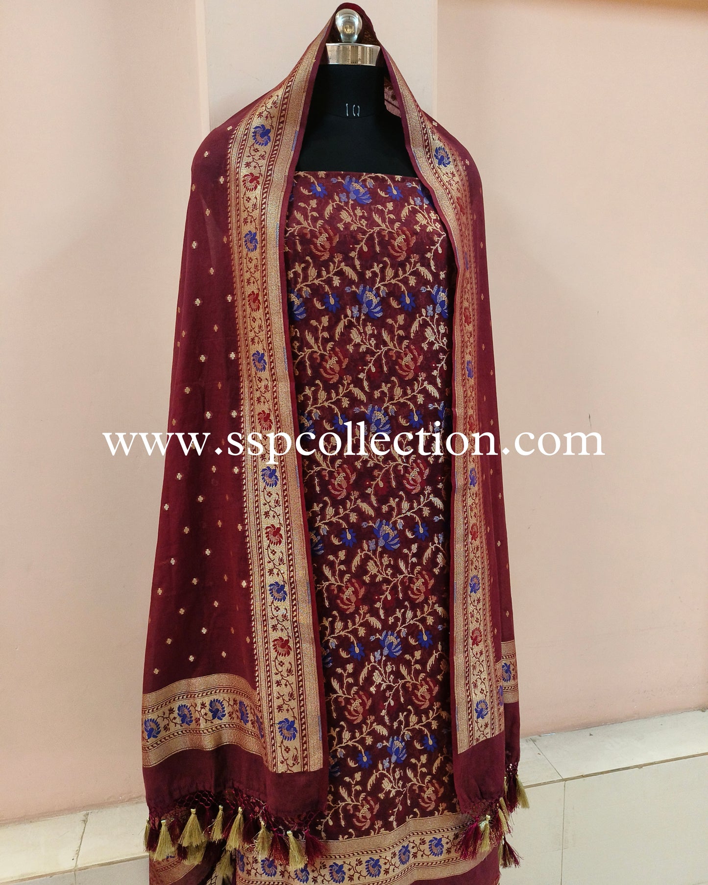 Maroon Banarasi Premiuim Cotton Jamdani Pattern Suit