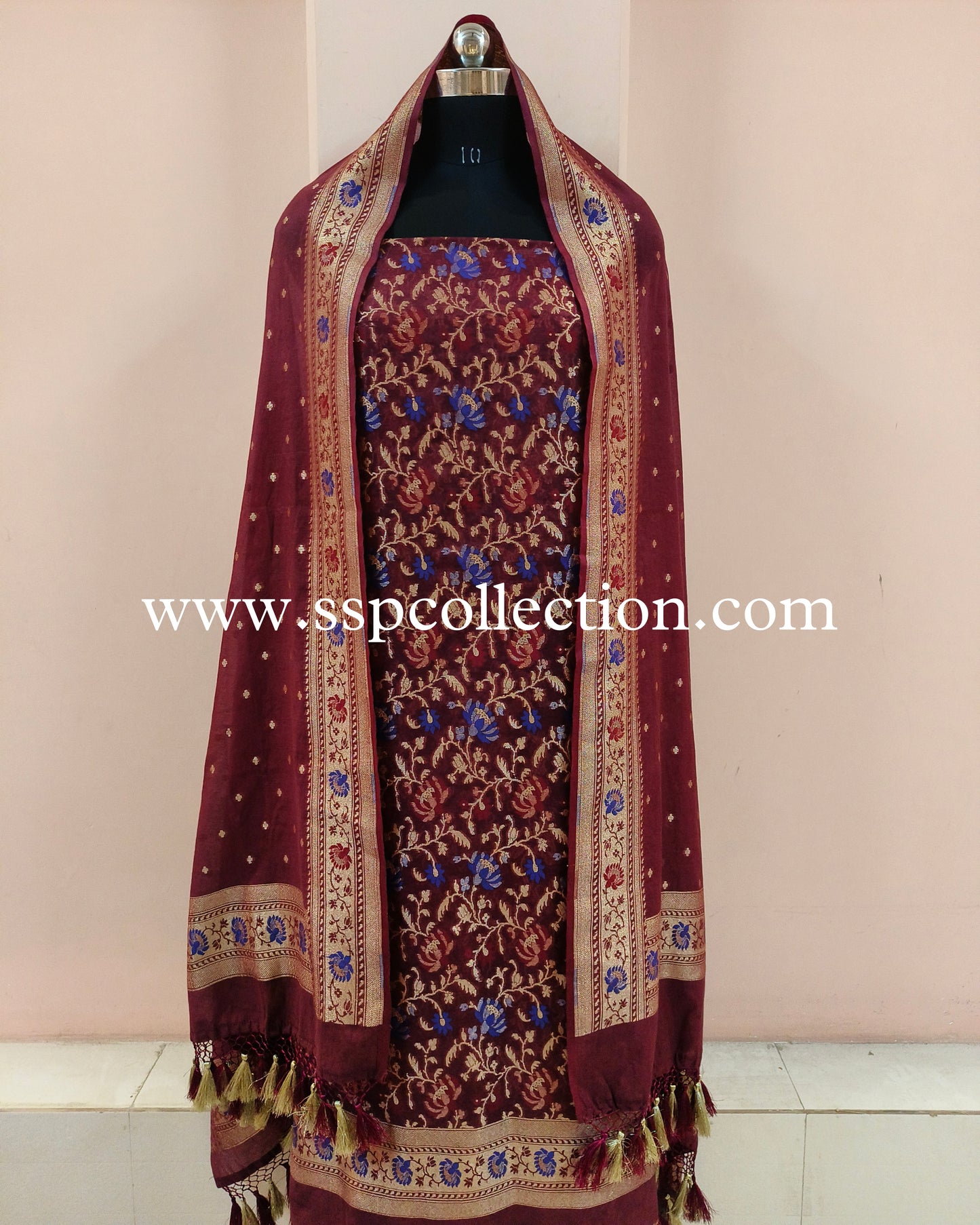 Maroon Banarasi Premiuim Cotton Jamdani Pattern Suit