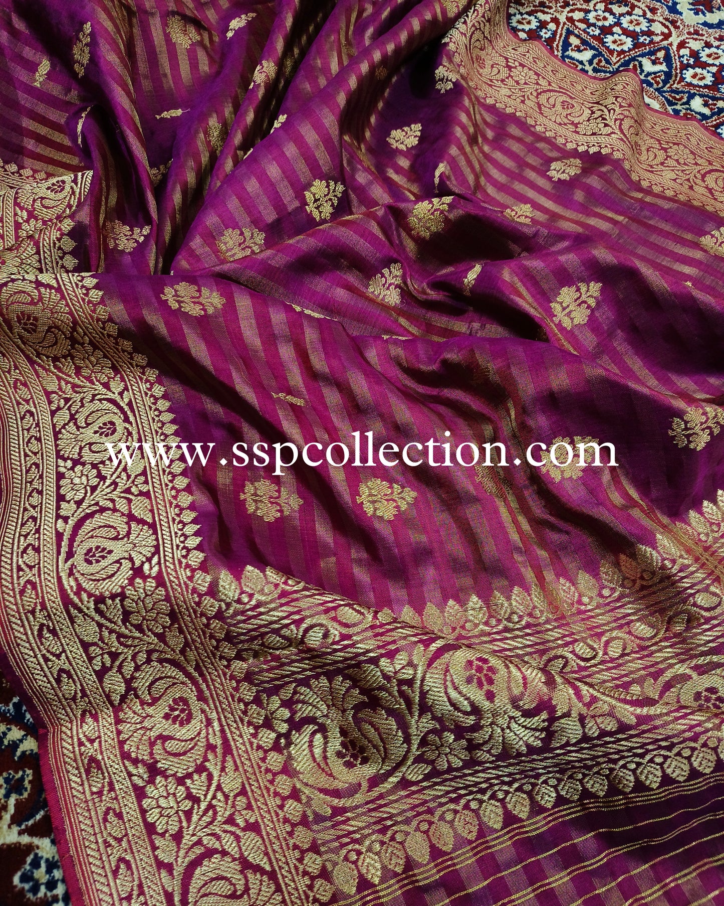 Magenta Banarasi Pure Katan Silk Tissue Stripes Dupatta