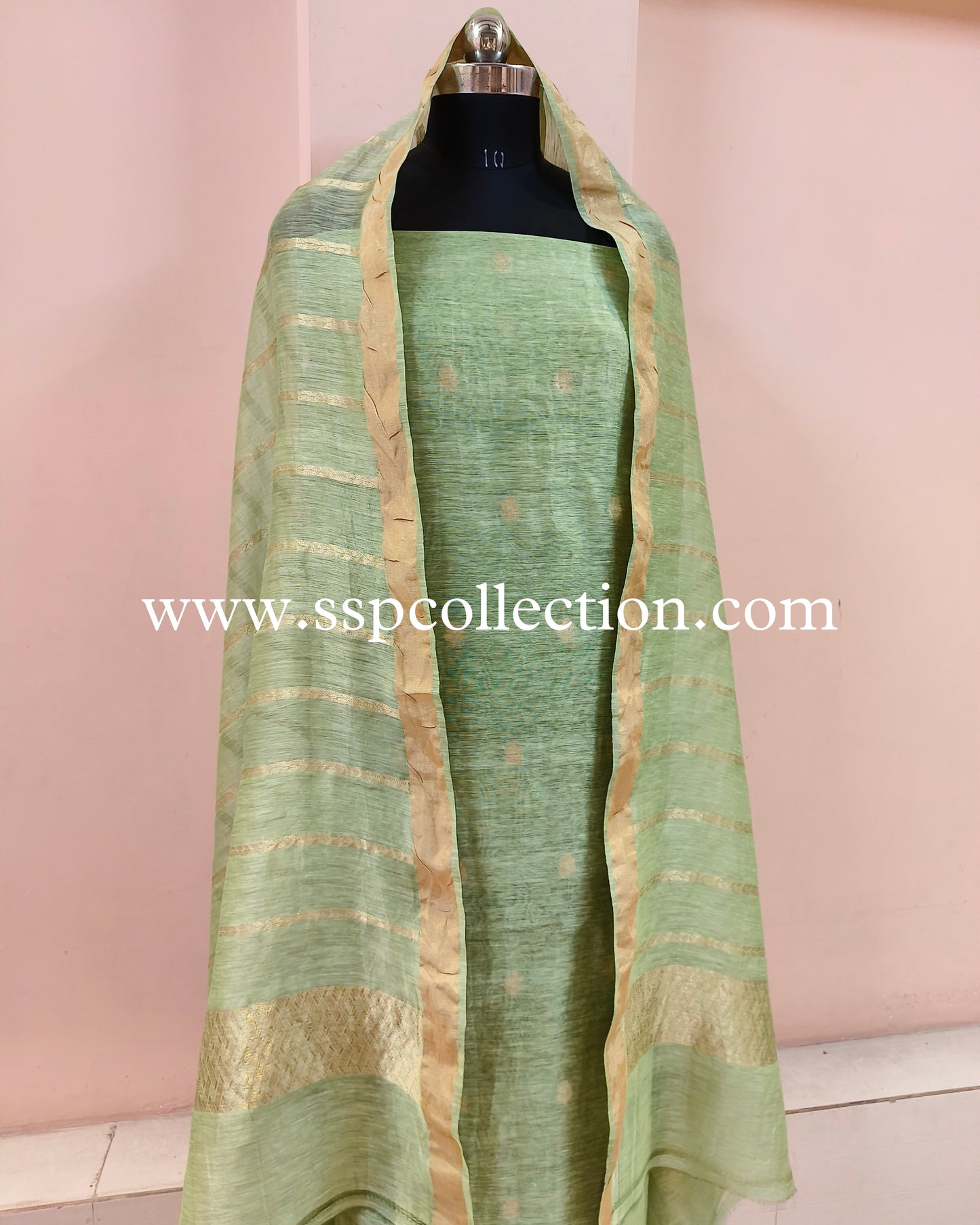Light-Green Banarasi Pure Linen Suit Set