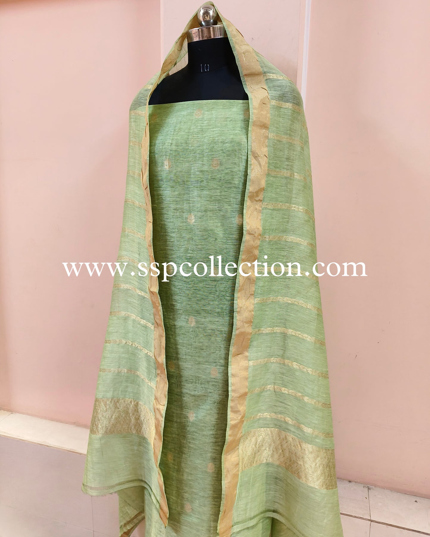 Light-Green Banarasi Pure Linen Suit Set