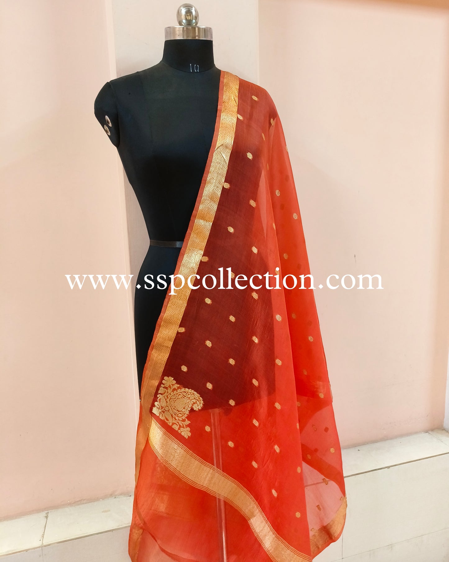 Burnt-Orange Banarasi Pure Kora Silk Koniya Dupatta