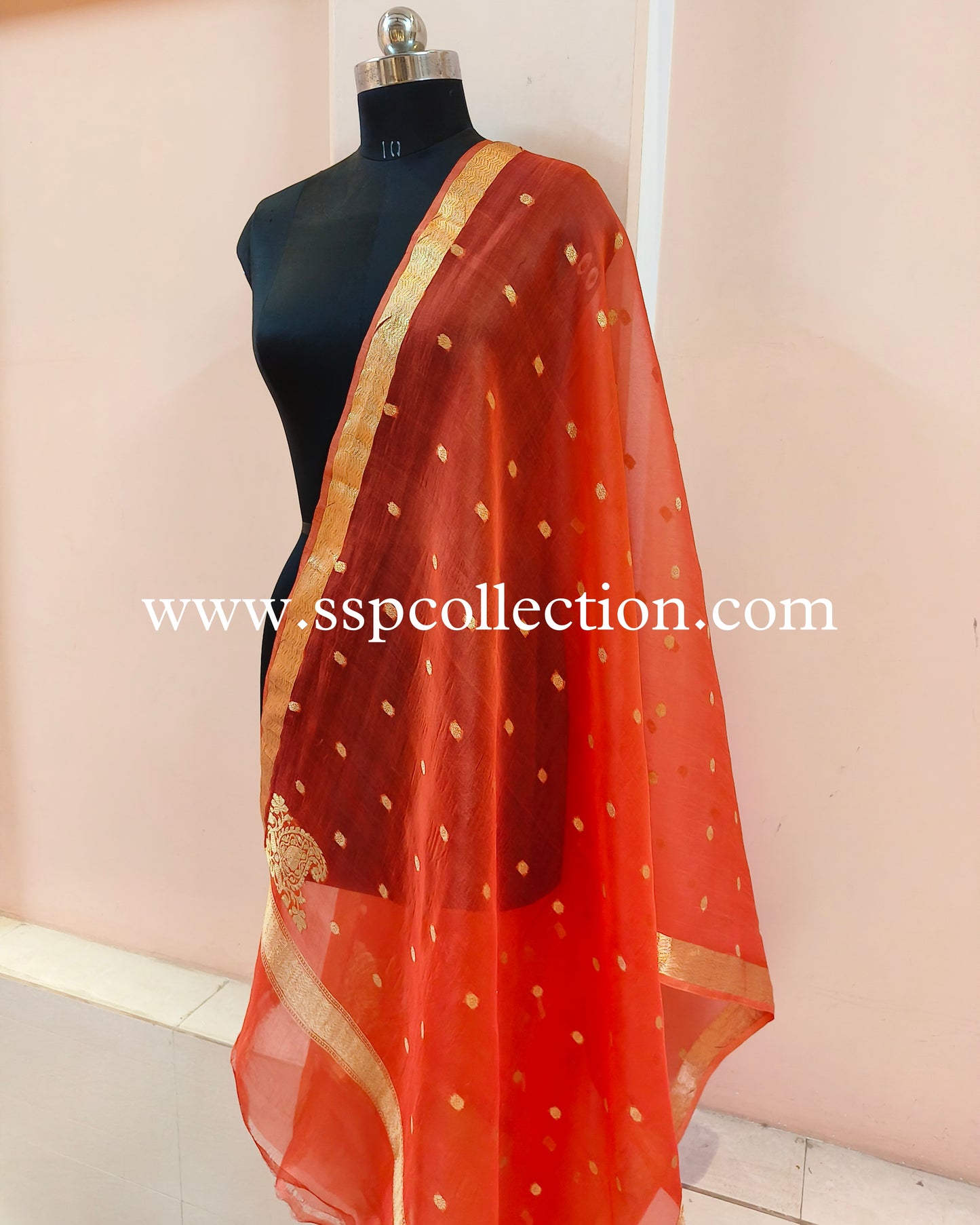 Burnt-Orange Banarasi Pure Kora Silk Koniya Dupatta