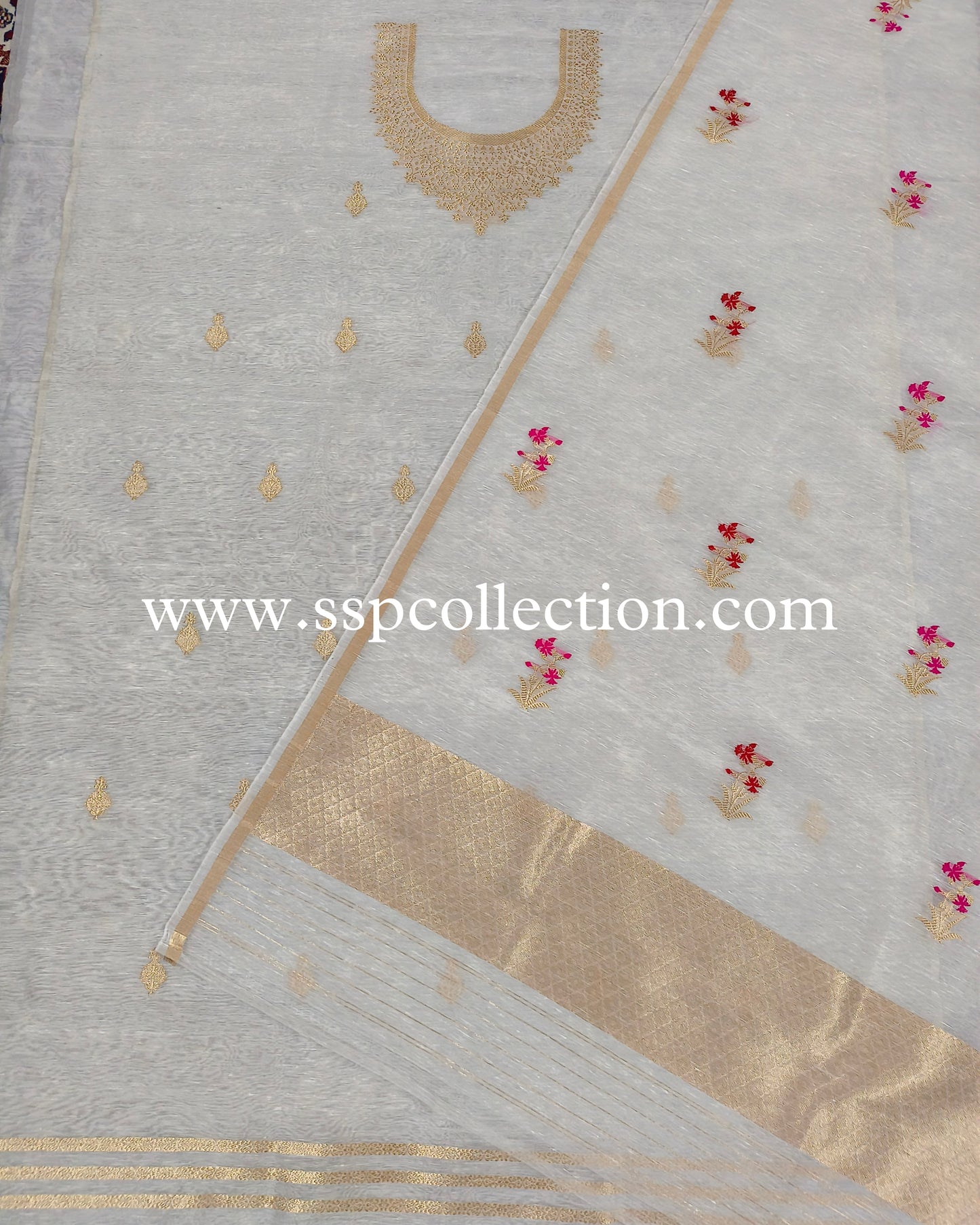 White Pure Linen Meenakaari Banarasi Suit