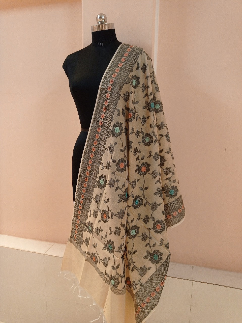 Beige Banarasi Cotton Meenakaari Dupatta