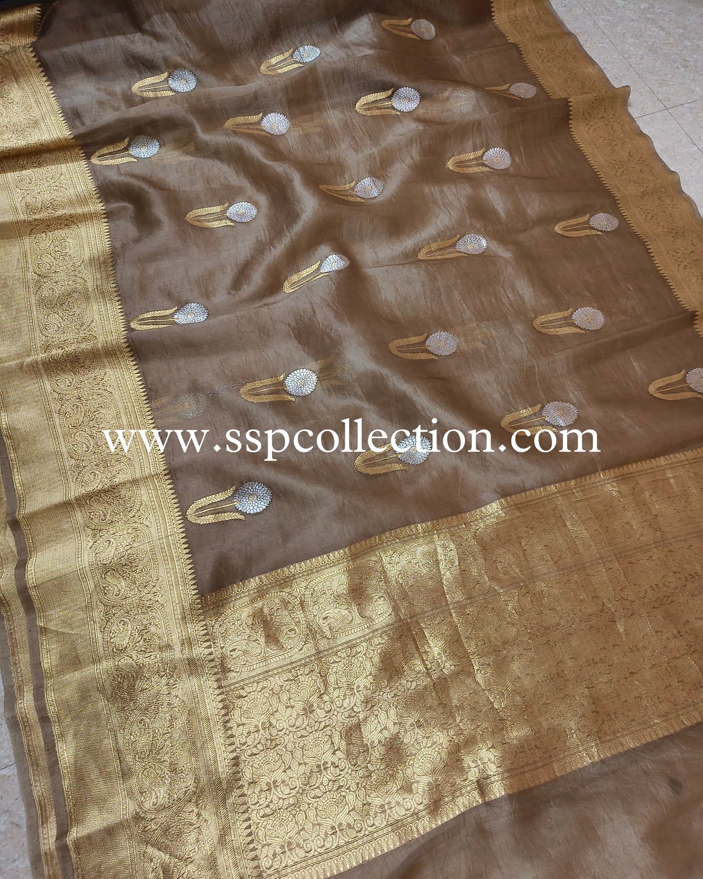 Dusty-Brown Pure Kora Silk Banarasi Saree