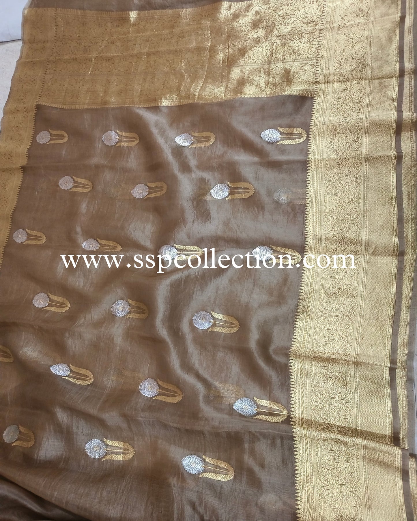 Dusty-Brown Pure Kora Silk Banarasi Saree