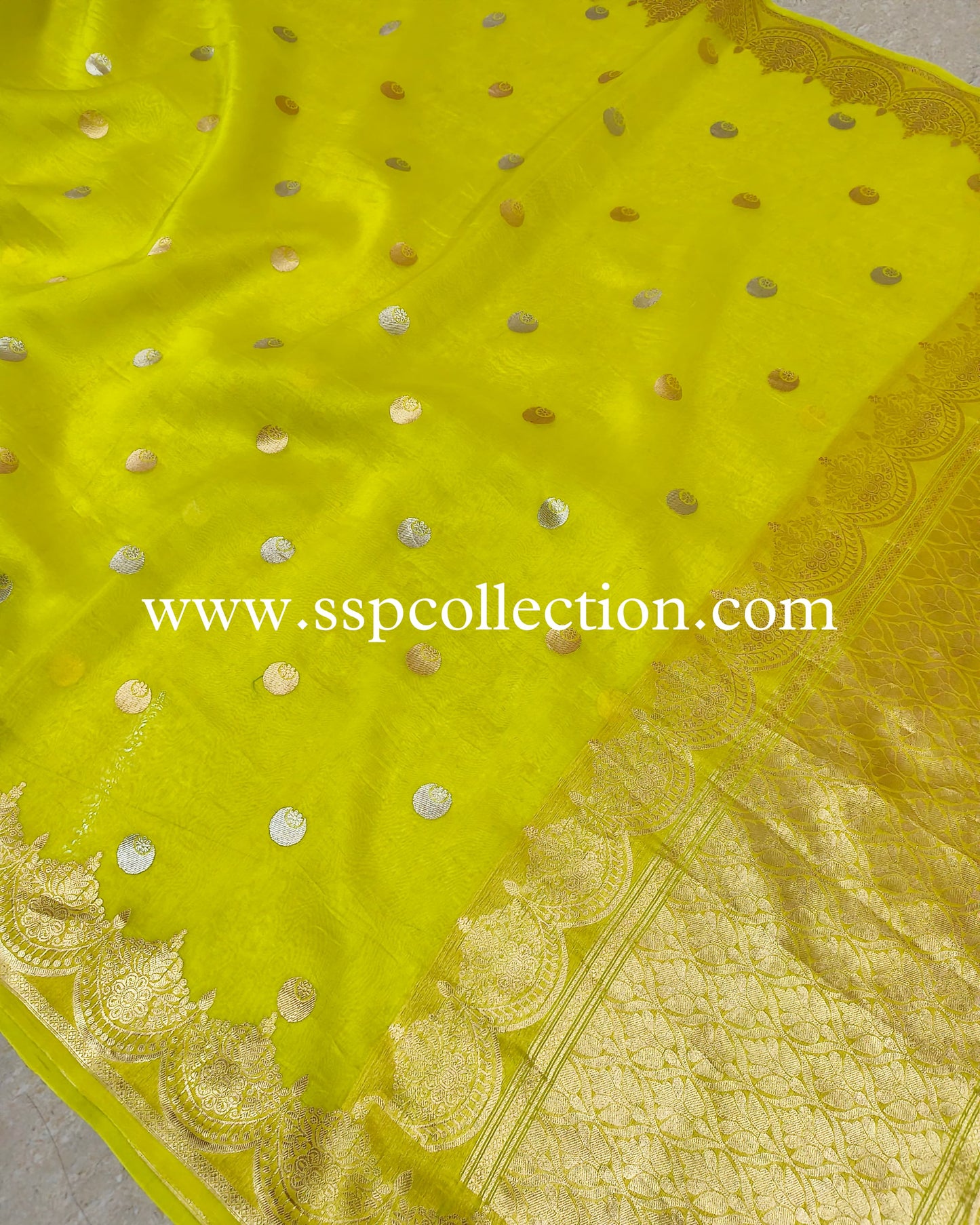 Lemon Pure Kora Silk Chand-Tara Banarasi Saree