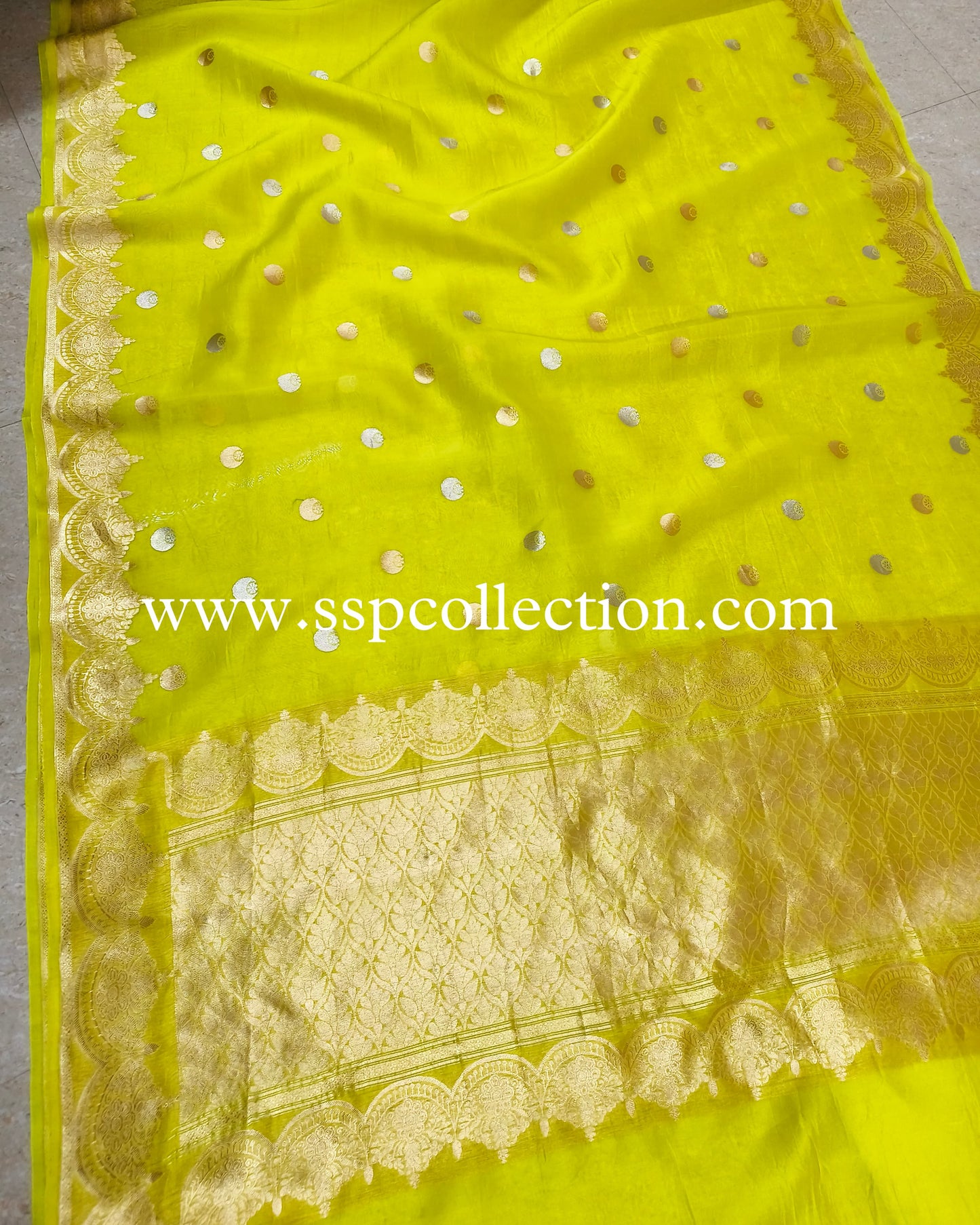 Lemon Pure Kora Silk Chand-Tara Banarasi Saree