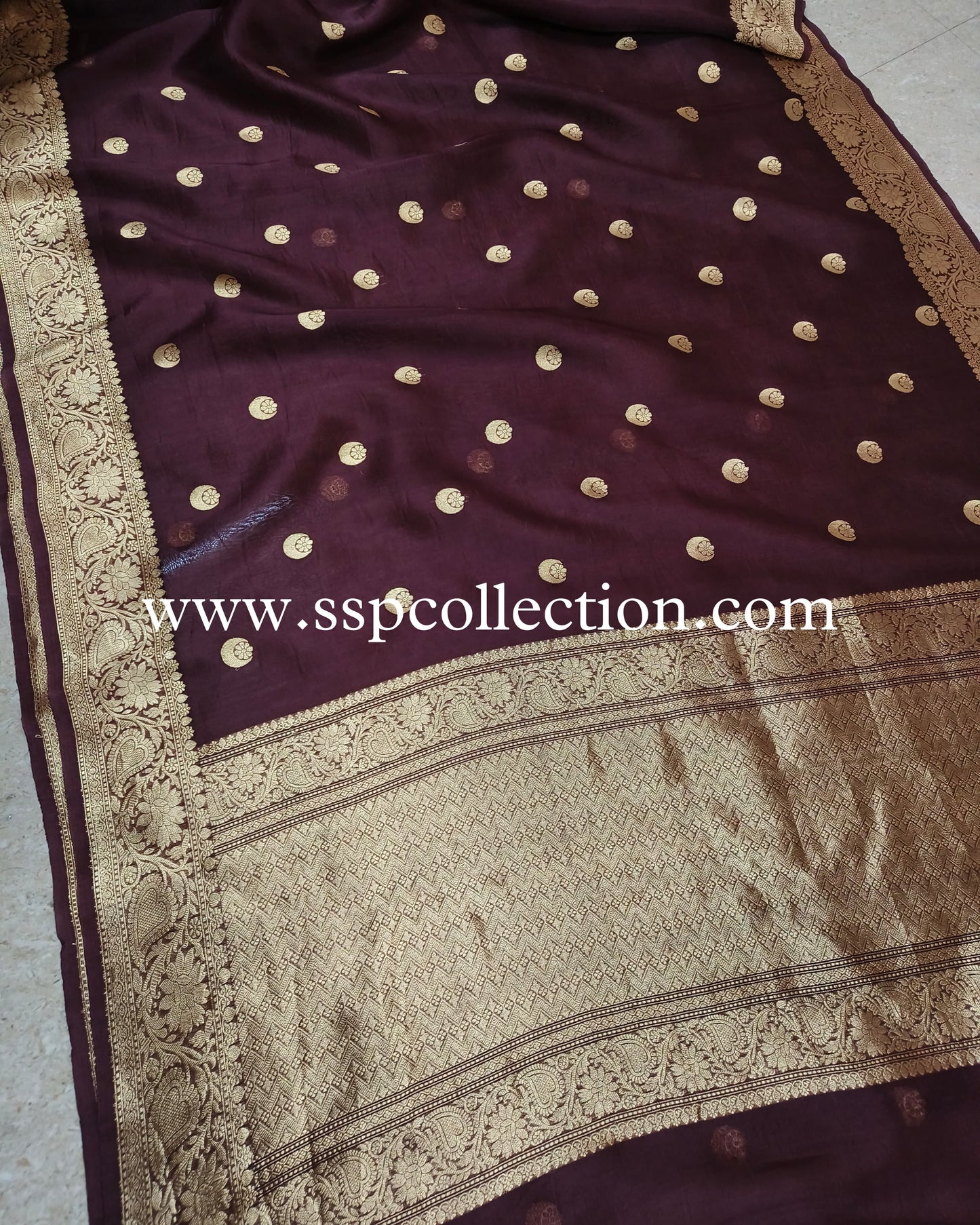 Brown Pure Kora Silk Chand-Tara Banarasi Saree