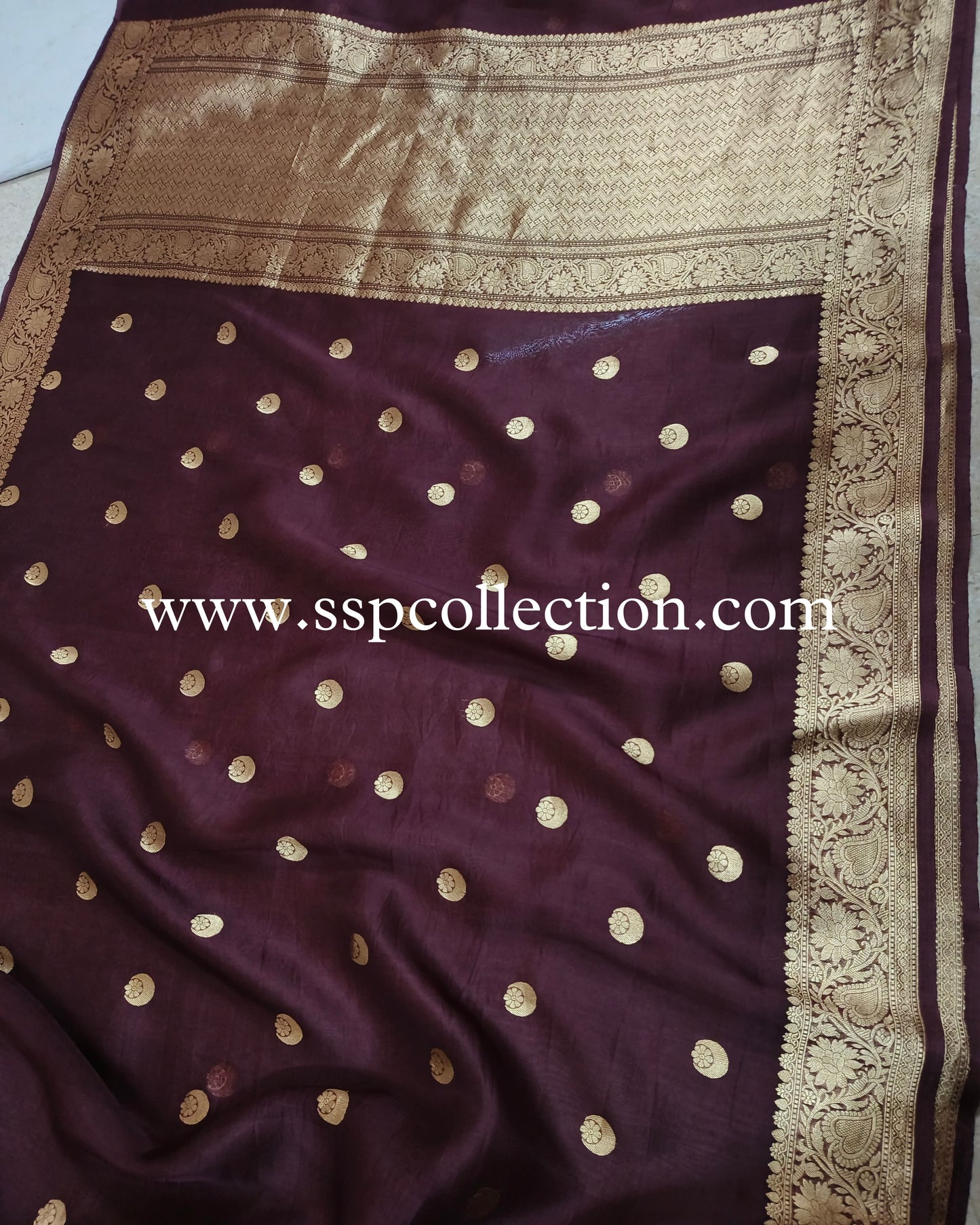 Brown Pure Kora Silk Chand-Tara Banarasi Saree