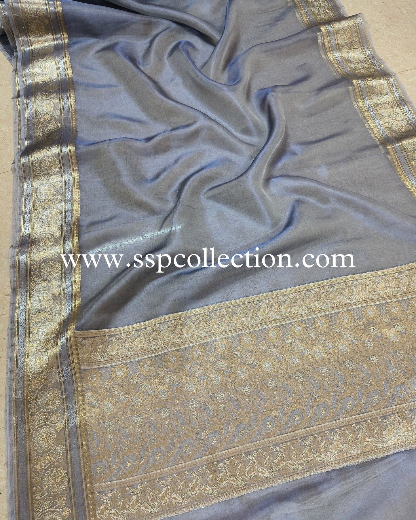 Blue-Gray Pure Tissue Silk Banarasi Saree