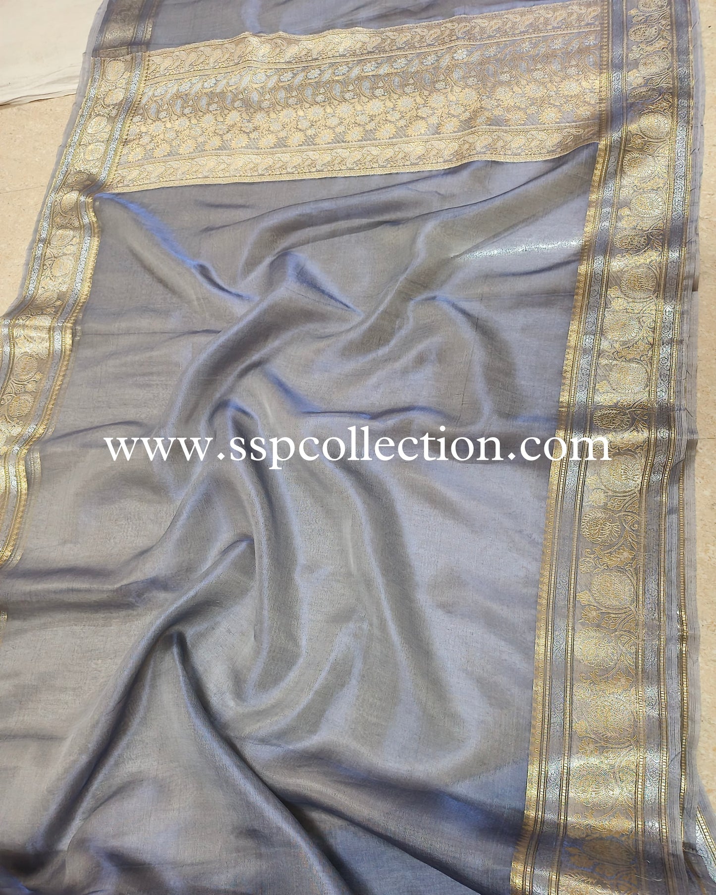 Blue-Gray Pure Tissue Silk Banarasi Saree