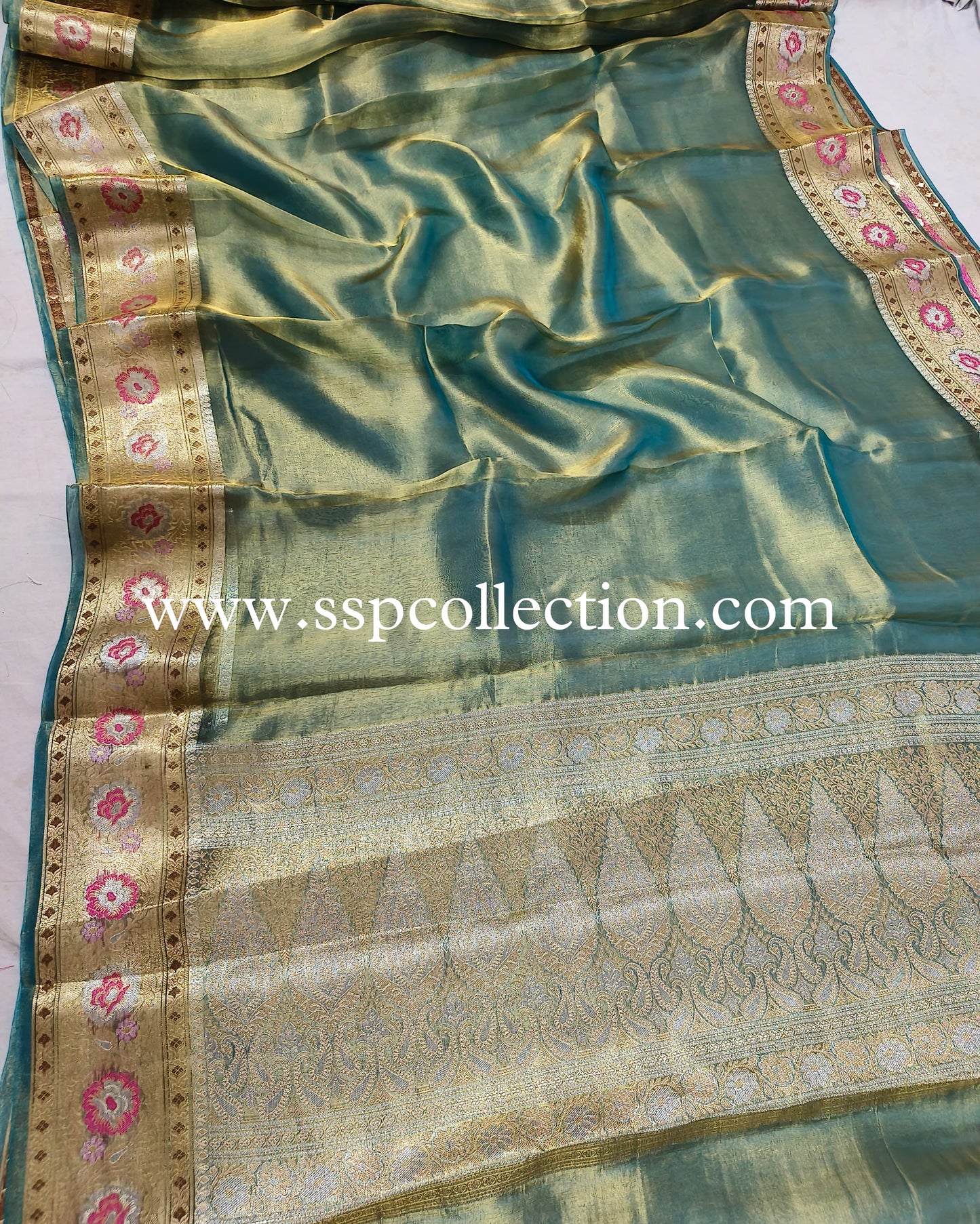 Turquoise Paithani Pure Tissue Silk Banarasi Saree