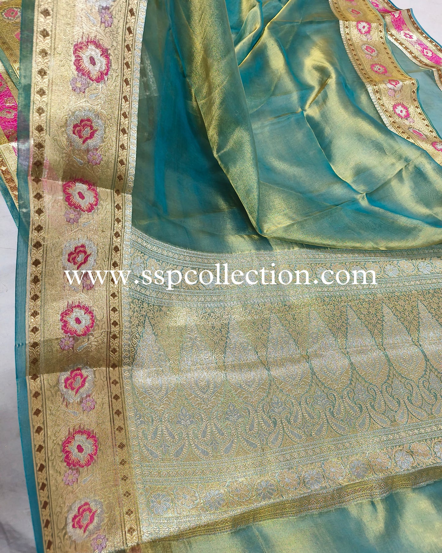 Turquoise Paithani Pure Tissue Silk Banarasi Saree