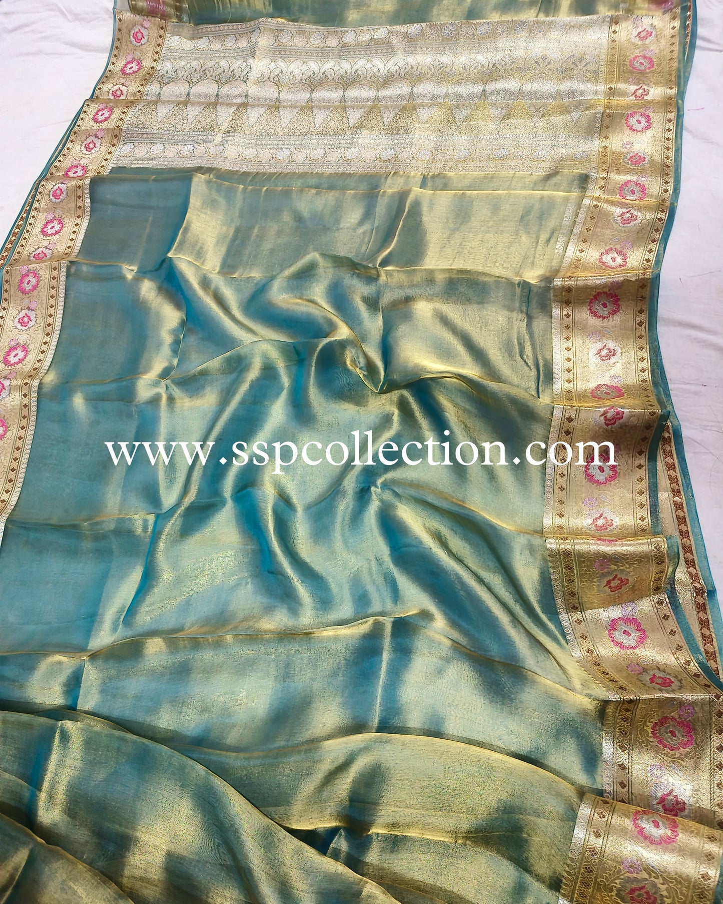 Turquoise Paithani Pure Tissue Silk Banarasi Saree