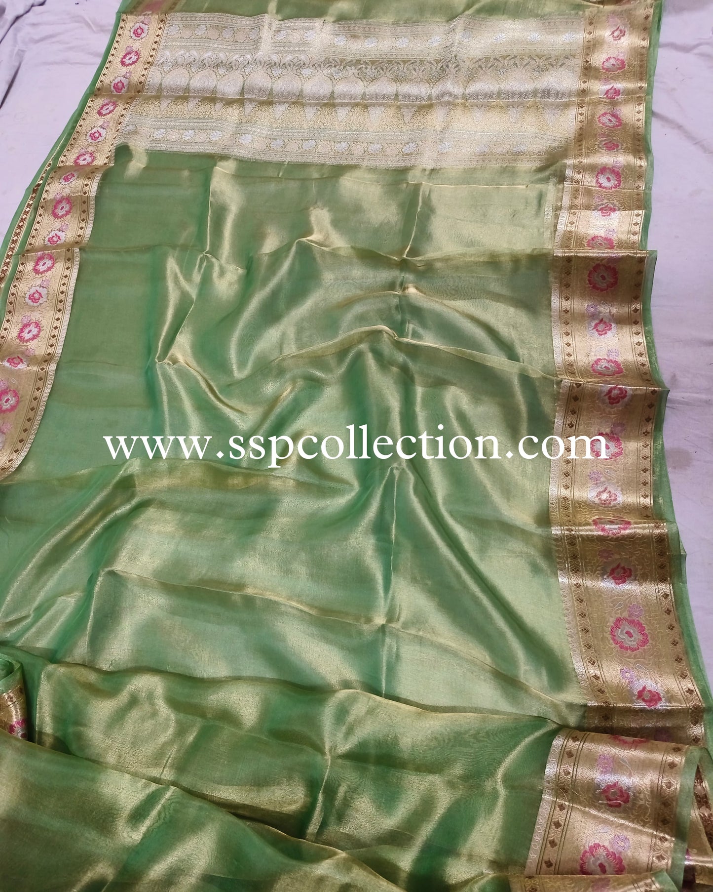 Mint-Green Paithani Pure Tissue Silk Banarasi Saree