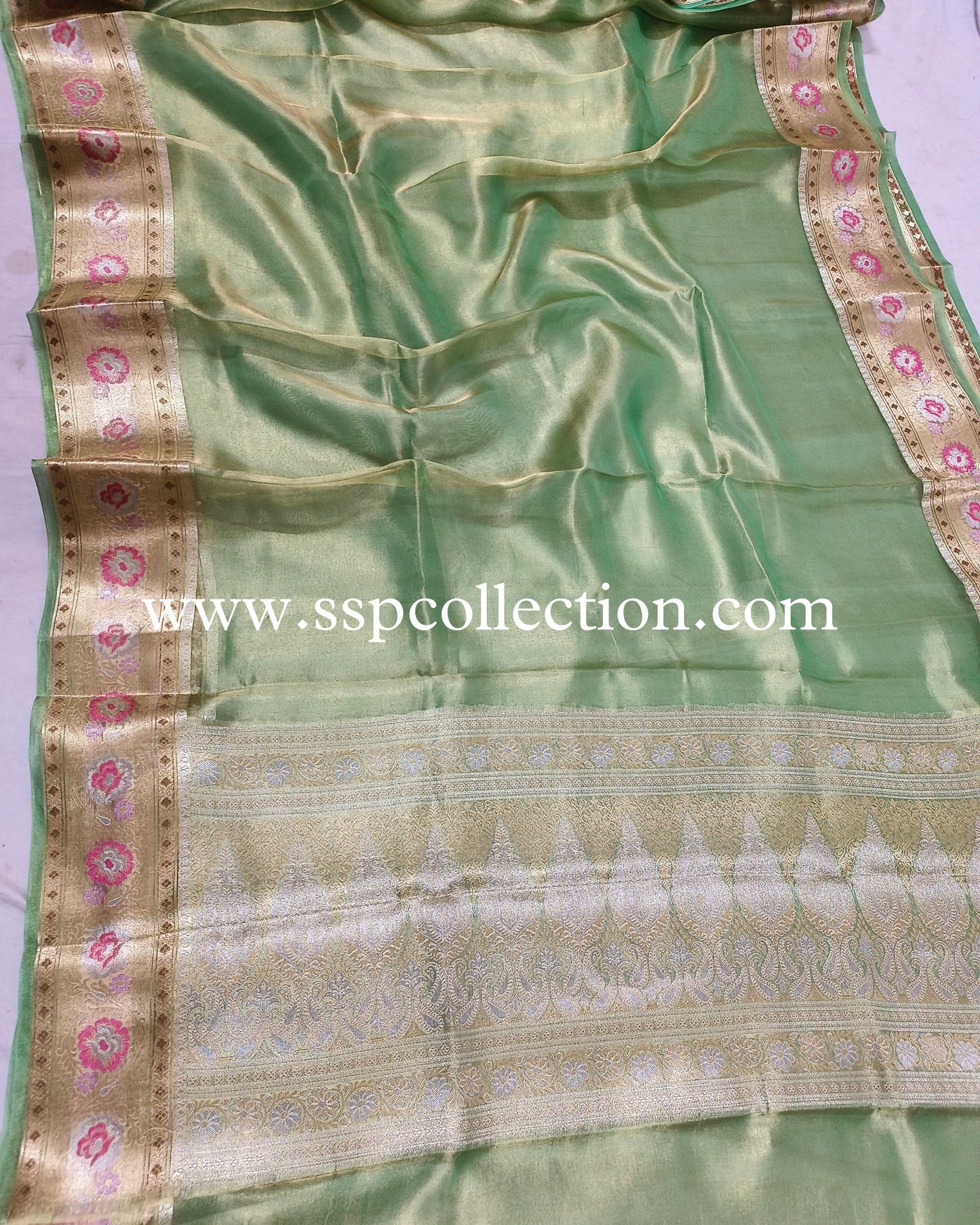 Mint-Green Paithani Pure Tissue Silk Banarasi Saree