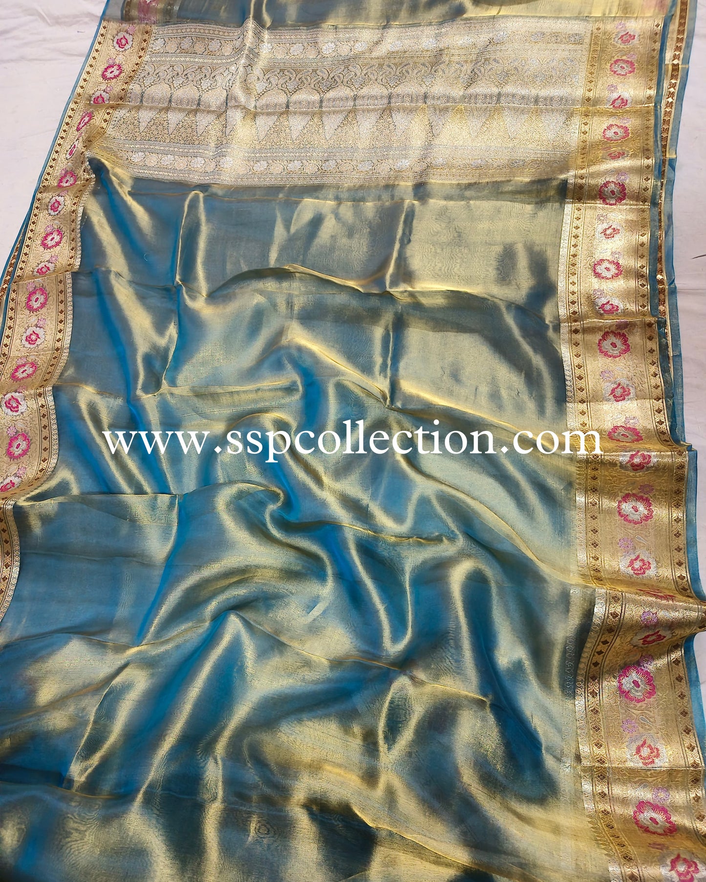 Sky-Blue Paithani Pure Tissue Silk Banarasi Saree