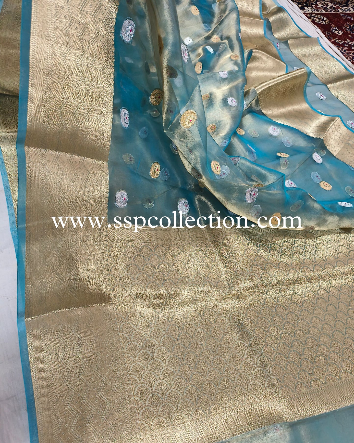 Sky-Blue Pure Tissue Silk Chand-Tara Banarasi Saree