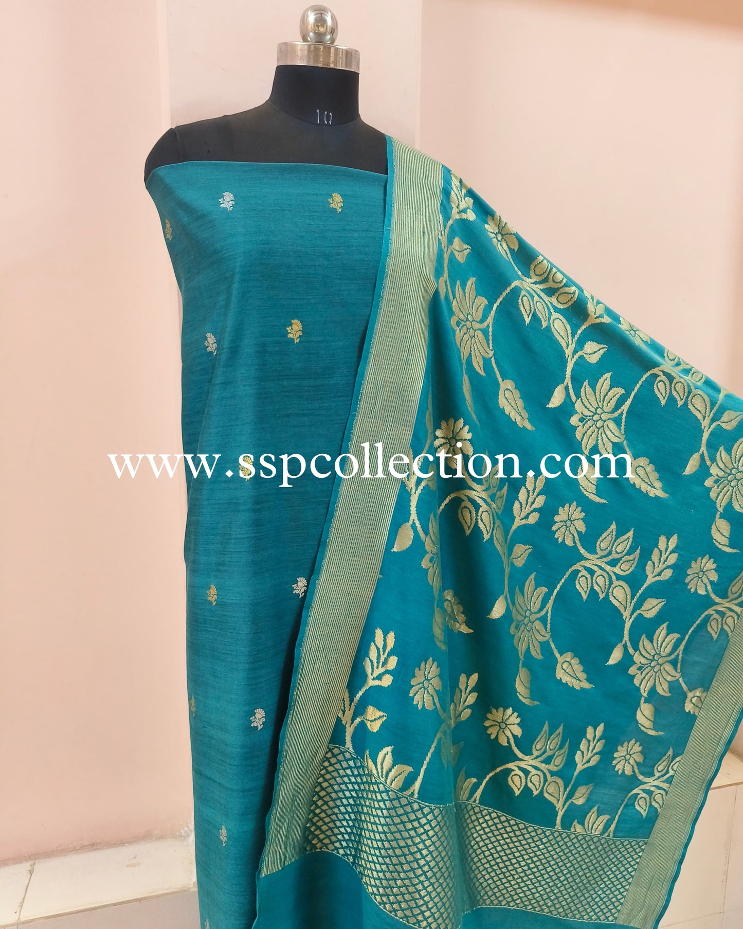 Teal-Green Pure Moonga Silk Banarasi Suit