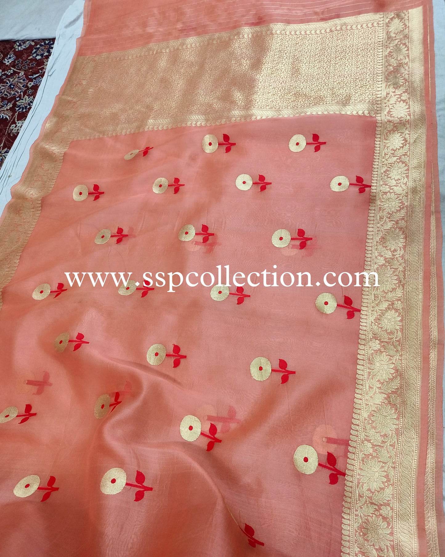 Peach Pure Kora Silk Banarasi Saree