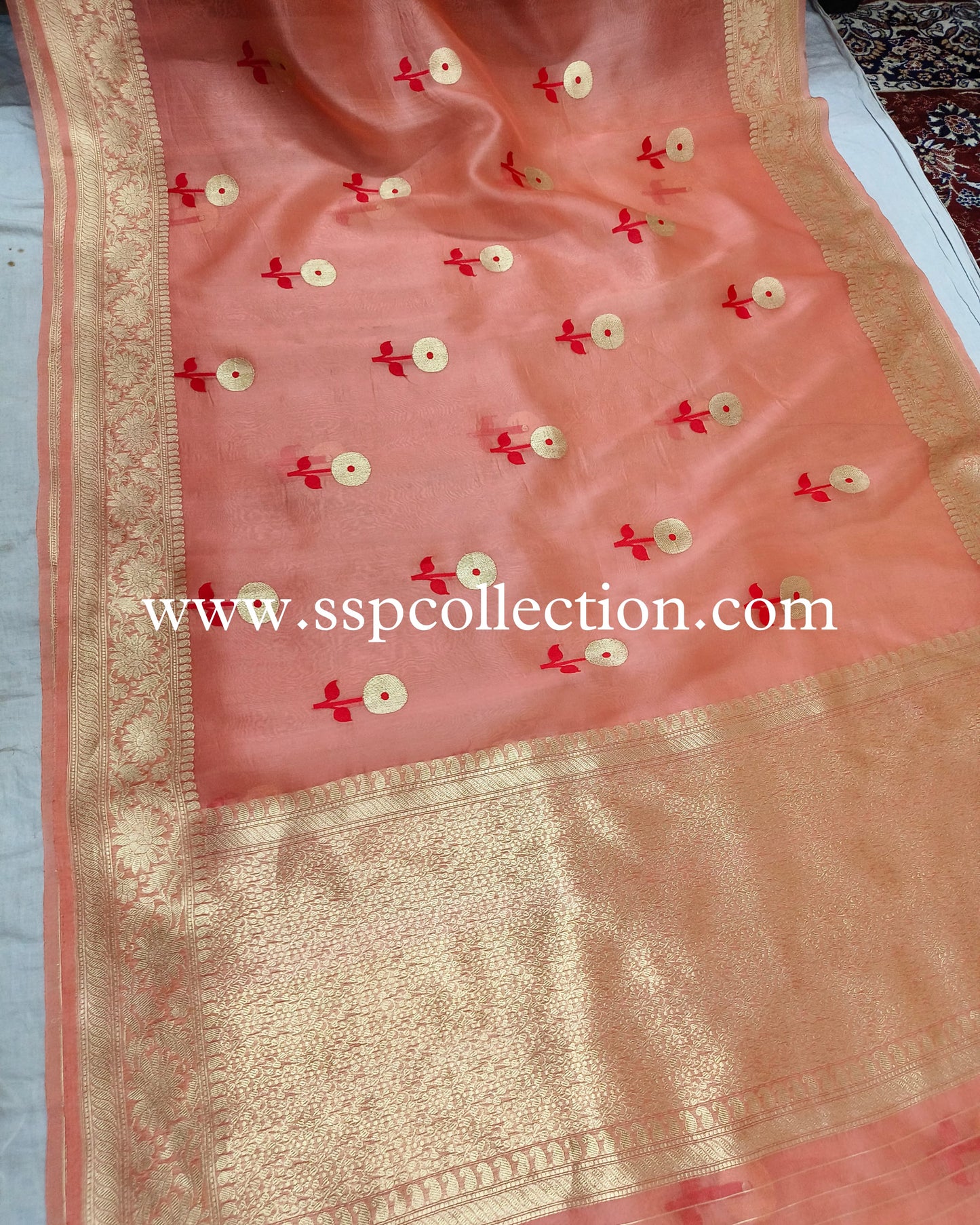 Peach Pure Kora Silk Banarasi Saree