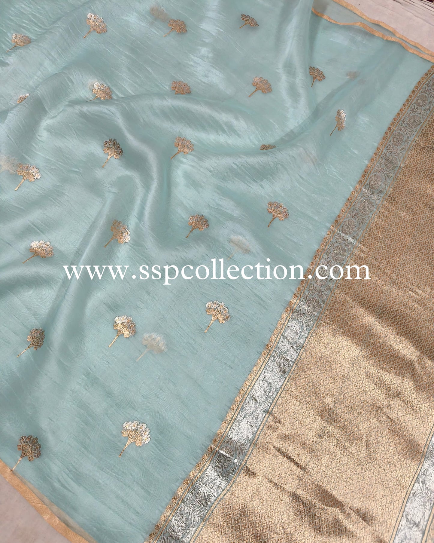 Powder-Blue Pure Kora Silk Banarasi Saree