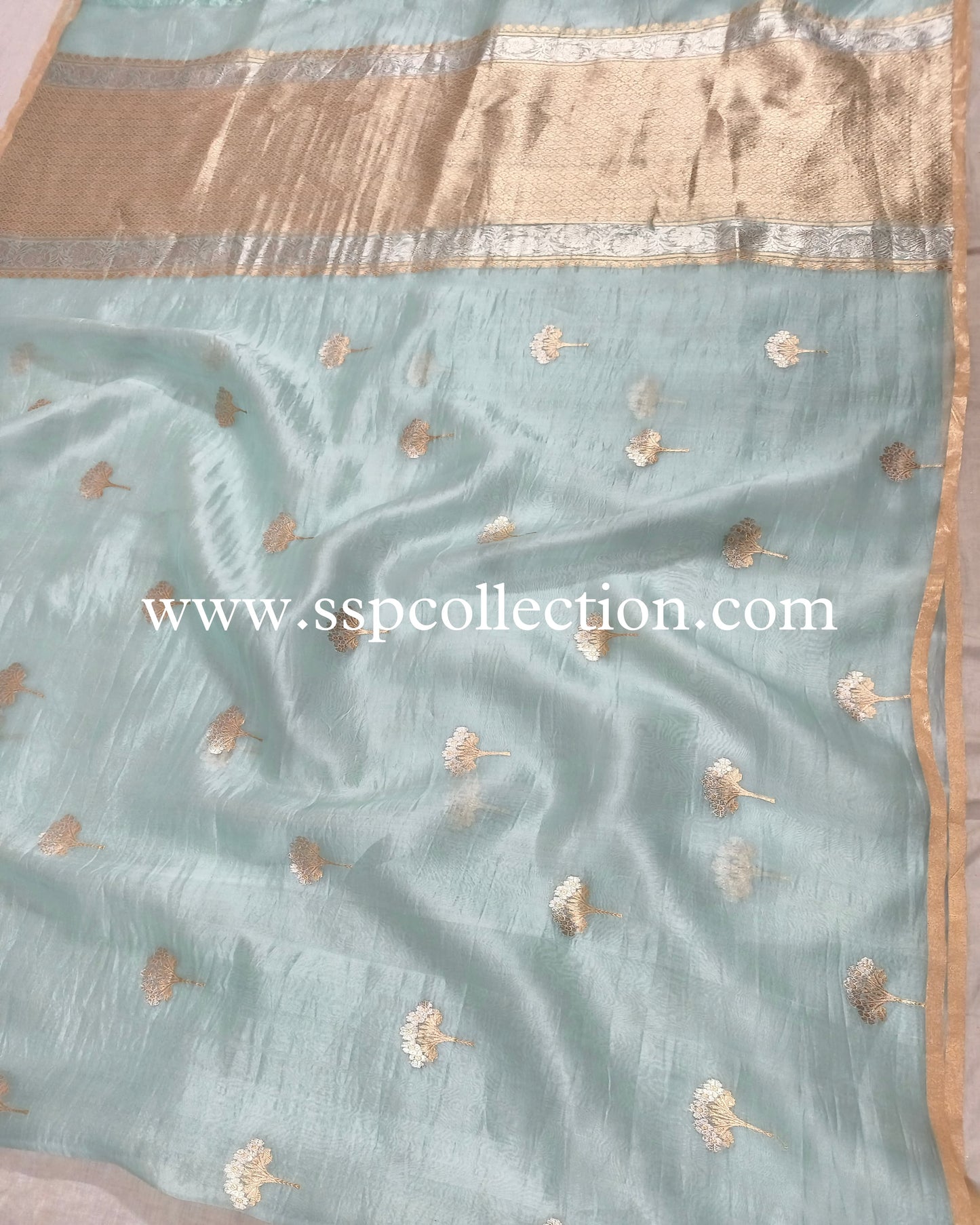 Powder-Blue Pure Kora Silk Banarasi Saree