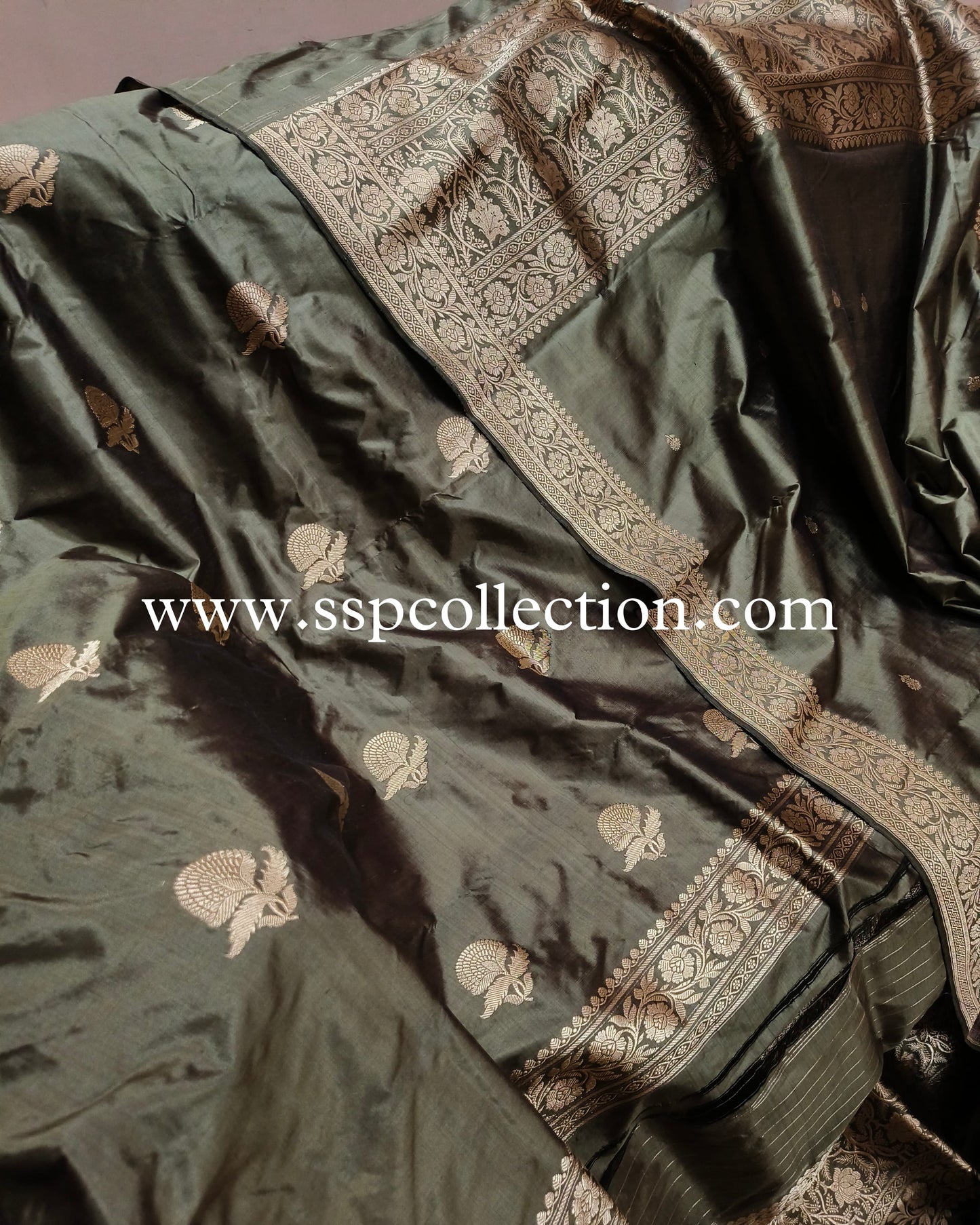 Hazel-Green Pure Katan Silk Banarasi Suit