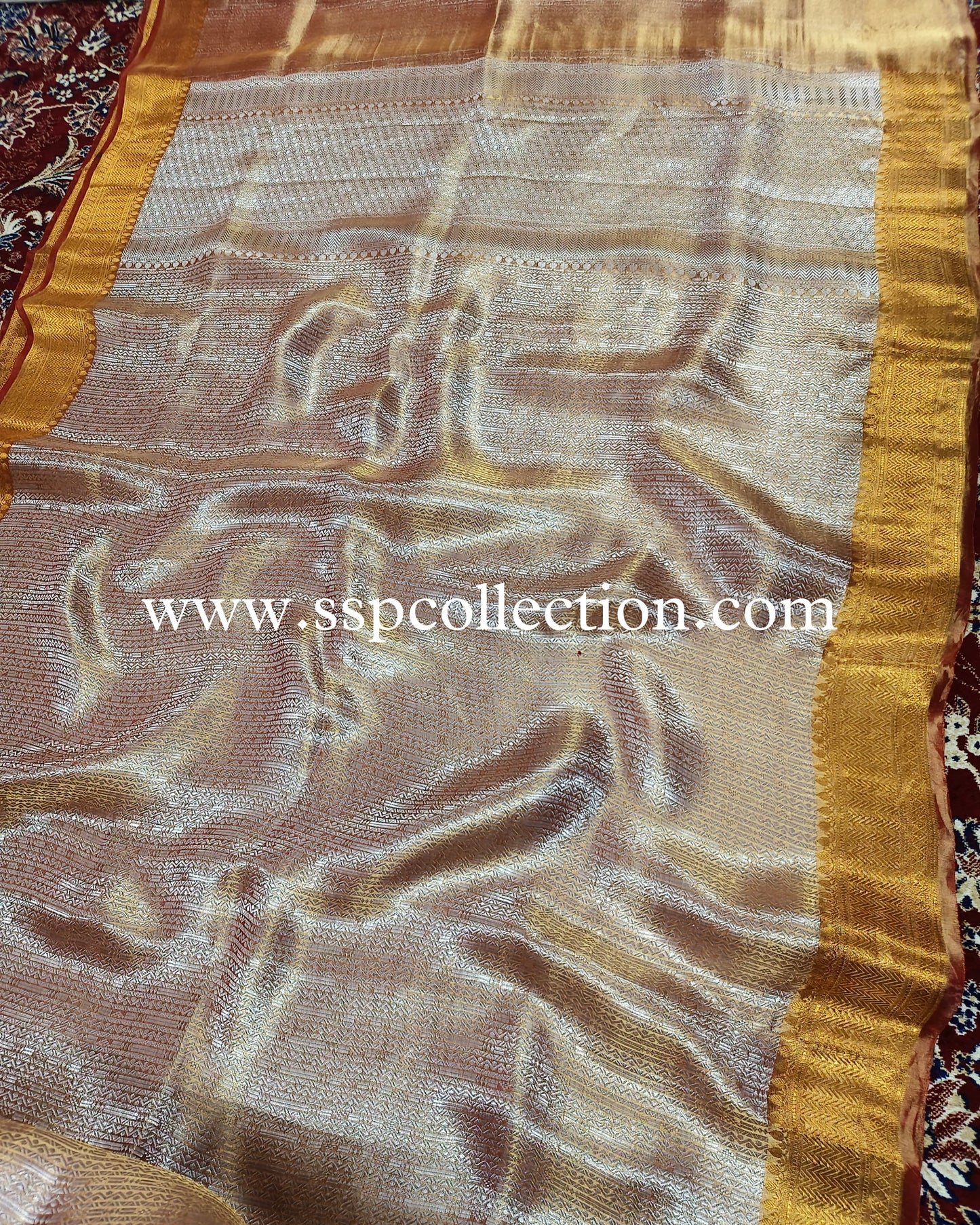 Rust Pure Tissue Silk Silver Tanchoi Brocade Banarasi Saree
