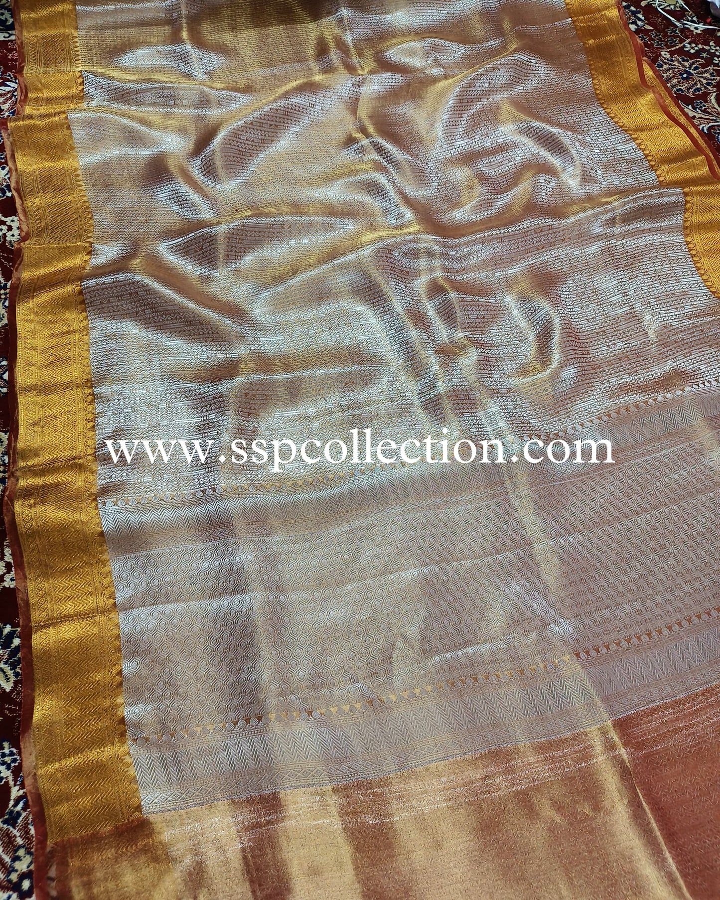 Rust Pure Tissue Silk Silver Tanchoi Brocade Banarasi Saree