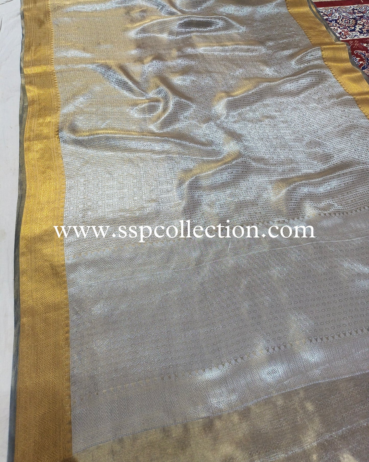 Greyish-Teal Pure Tissue Silk Silver Tanchoi Brocade Banarasi Saree
